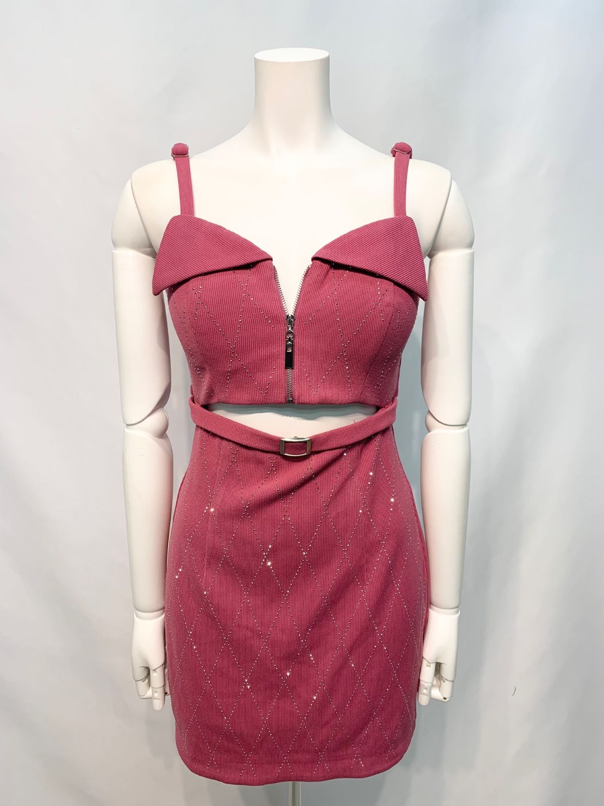 2760 ROBE de FLEURS Glossy ローブドフルール グロッシー キャバクラ ドレス ストーン付き リブニット 伸縮性 ウエストカット タイト ミニ ジップ キャバドレス M