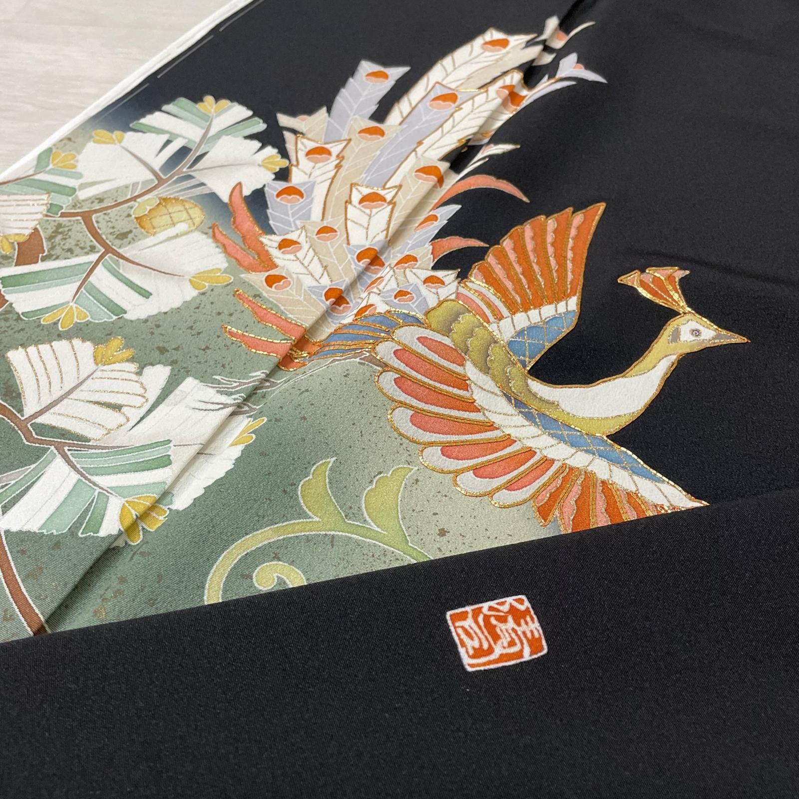 作家物 黒留袖 裄66.5 鳳凰に花唐草 着物 正絹 五つ紋 X-1553