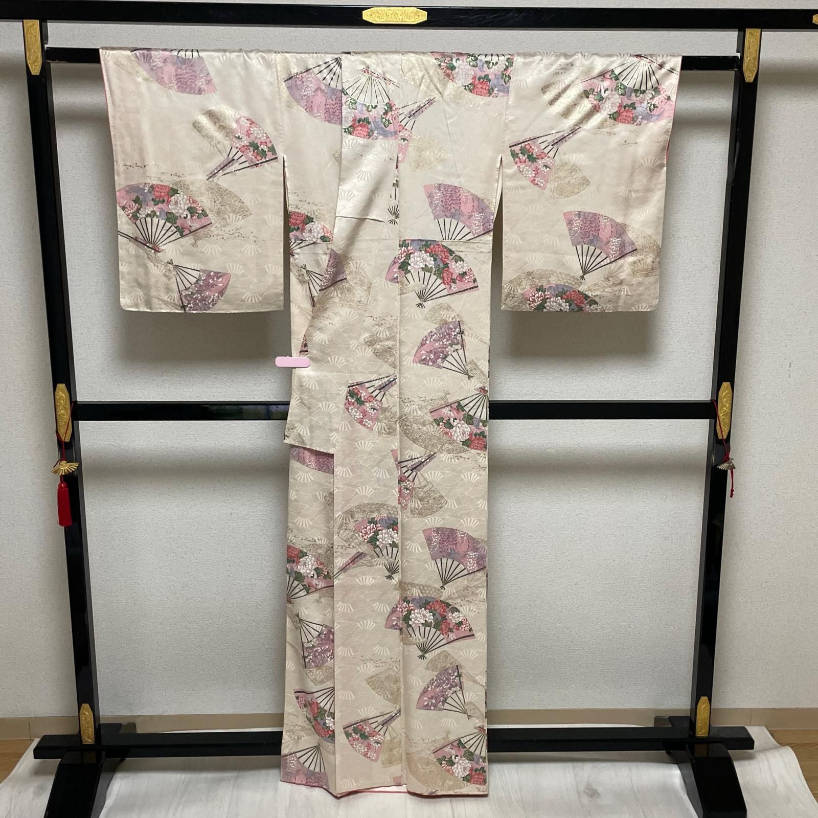 【正絹 小紋 着物 花柄 百花繚乱】 やまと誂え 小紋 扇に花模様 着物 正絹 X-1554