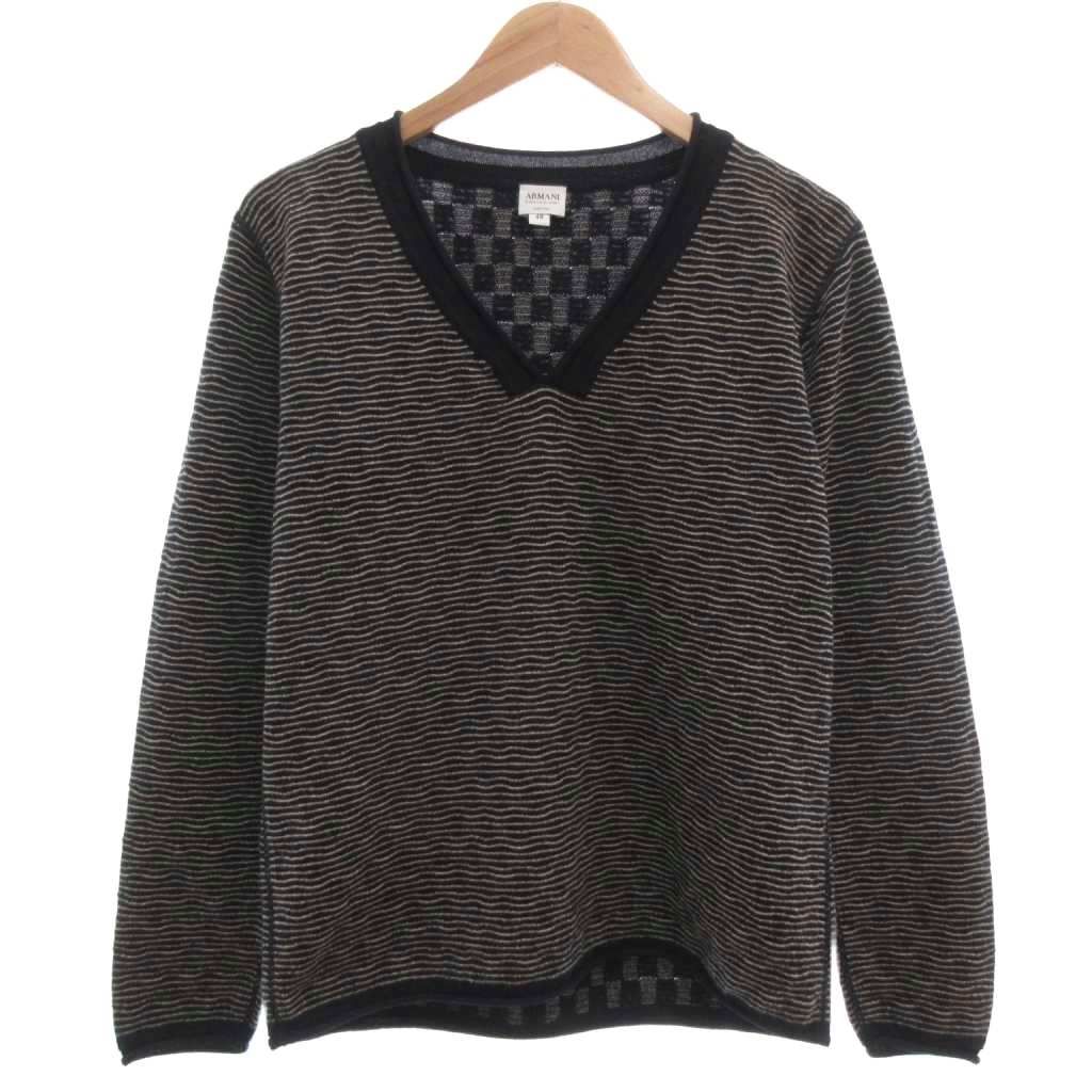 アルマーニ コレツィオーニ ARMANI COLLEZIONI 美品 ニット セーター 48 Vネック ロールネック ボーダー柄 紺 ネイビー 白 ホワイト /KB ■GY74