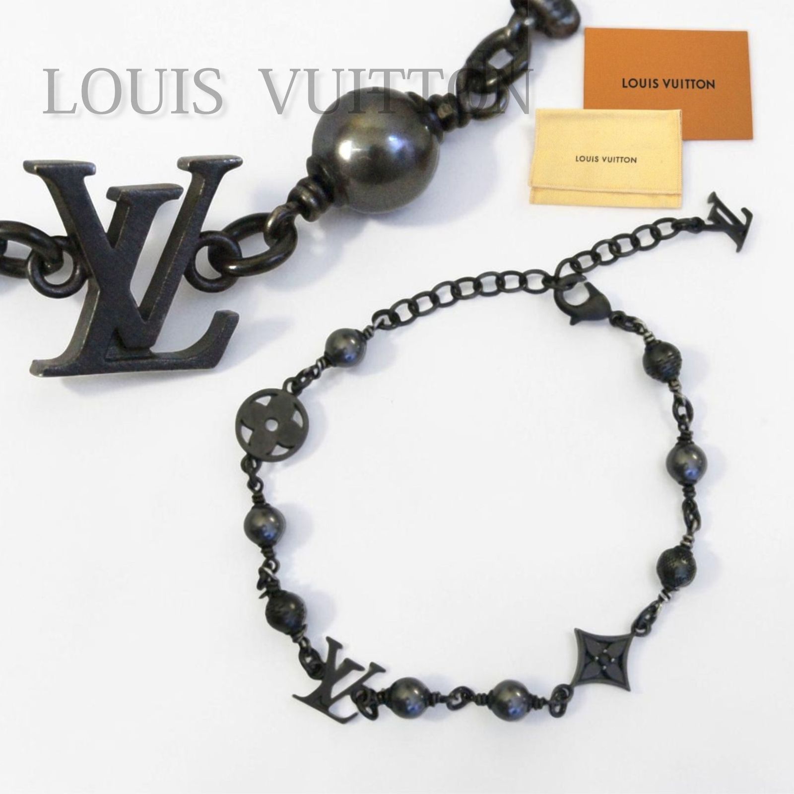 【中古】 LOUIS VUITTON ルイヴィトン LVパール ブレスレット バングル アクセサリー レディース 人気 定番 ブラック 黒 M1391A ロゴ モード 高級感 チェーン 調整可能 保存袋付き ギフト プレゼント デイリー フォーマル