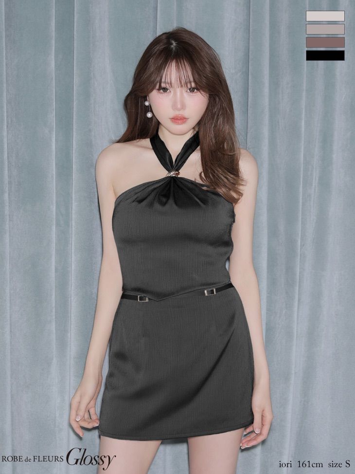 ブラック GL4359 【ROBE de FLEURS Glossy/ローブドフルール グロッシー】ラメ/ ジャガード/ サテン/ ホルター/ タイト/ ミニドレス/ キャバドレス/ エンジェルアール AngelR/ イルマIRMA