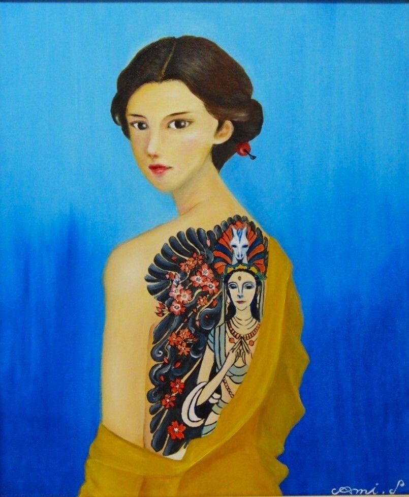 ≪国美協≫しおざわ あみ、『桜花に馬頭観音』、油彩画、F8号：45,5cm×37,9cm、油絵一点物、新品高級油彩額付、直筆サイン・真作保証付