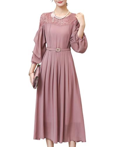 ☆新品☆[Collecala] ドレス レディース 肩レース切り替え ロング ミモレ丈 ランタンスリーブ５分袖 フレア Aライン 可愛い ハイウエスト 着痩せ おしゃれ 取り外しベルト 裏地付き きれいめパーティー 結婚式 通勤 二次会ドレス 9ea37256