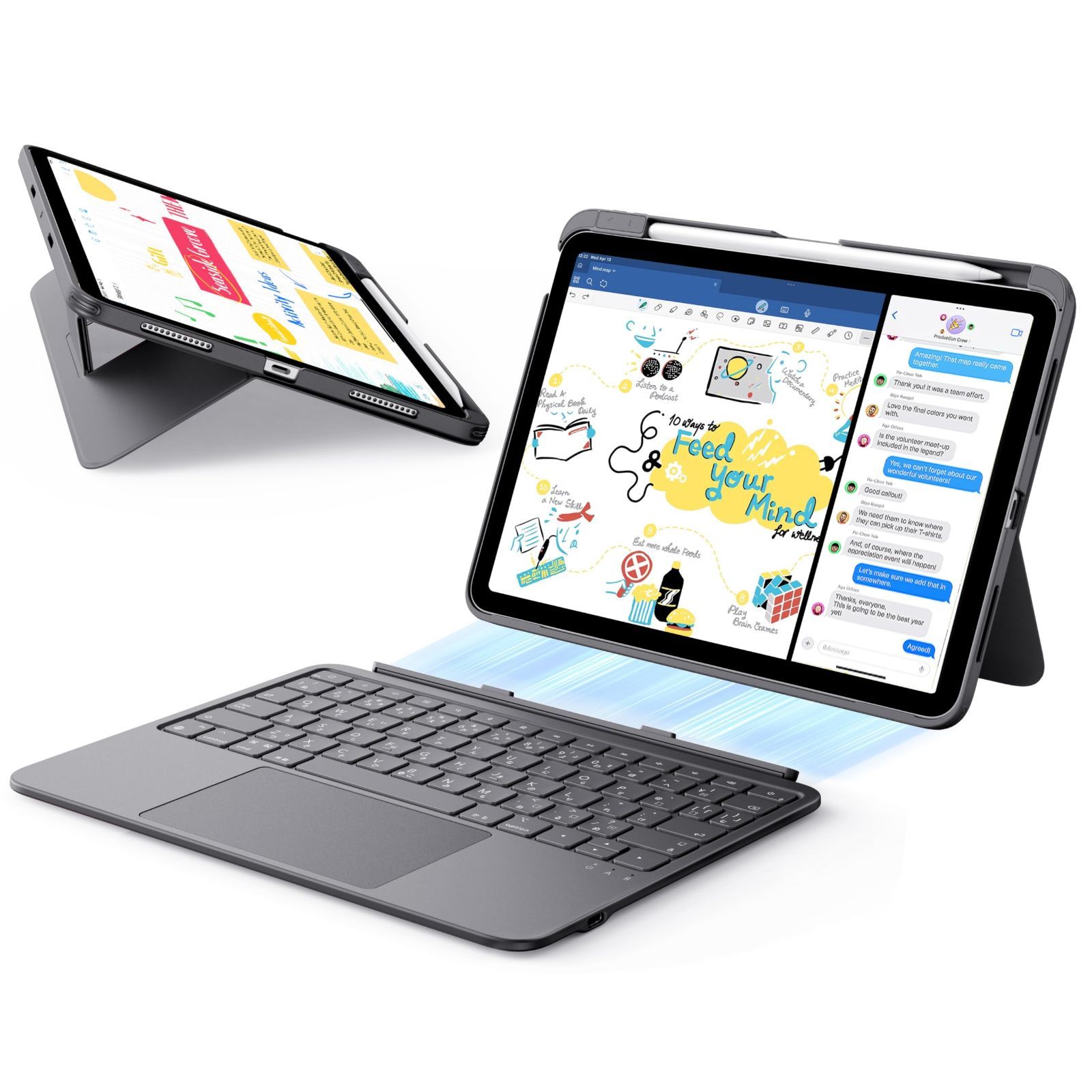 【在庫処分】ESR Flex iPad キーボード付きケース iPad Air 11インチ (M3/M2)、第5世代、第4世代 対応 超軽量マグネット着脱式キーボード(ライティング／ビューイングモード対応)大型精密トラックパッド ダークグレー