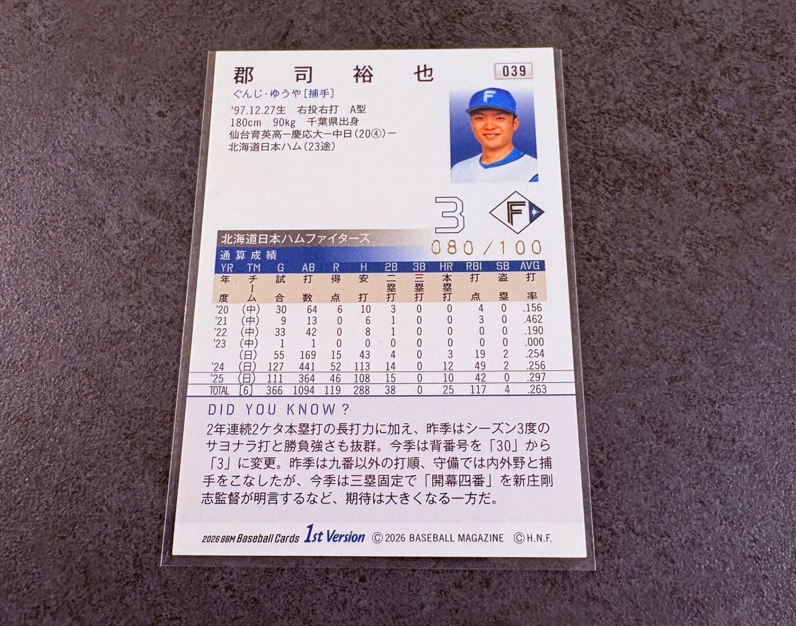 Y) 郡司裕也 BBM 2026 1st 100枚限定 金箔サイン 日本ハムファイターズ 