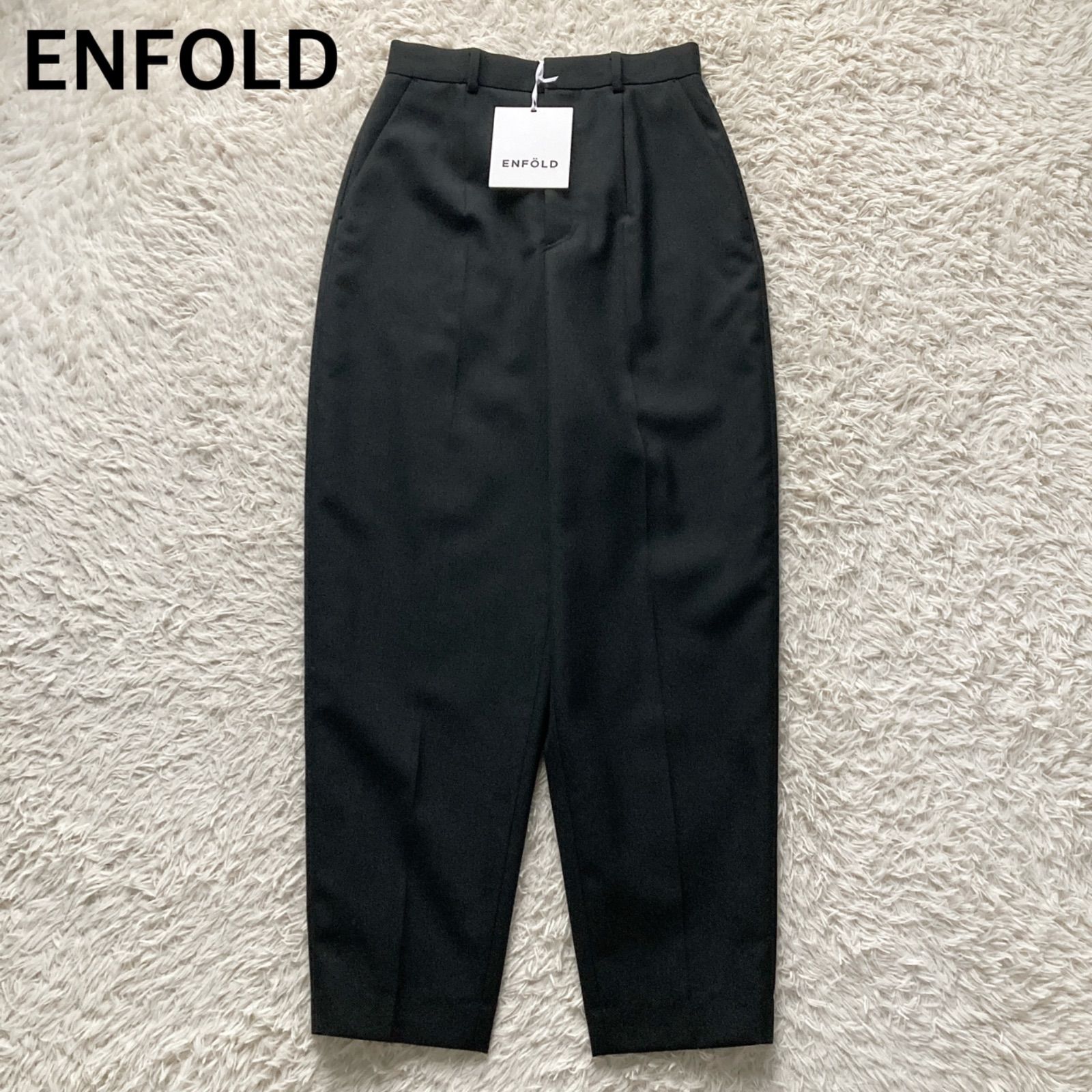 タグ付き 24年モデル エンフォルド ENFOLD DRAPE TAPERED-TROUSERS 日本製 ウール100% スラックス トラウザー テーパード センタープレス タック ハイウエスト 黒 ブラック 38サイズ M相当 通勤 オフィス モード 秋冬春
