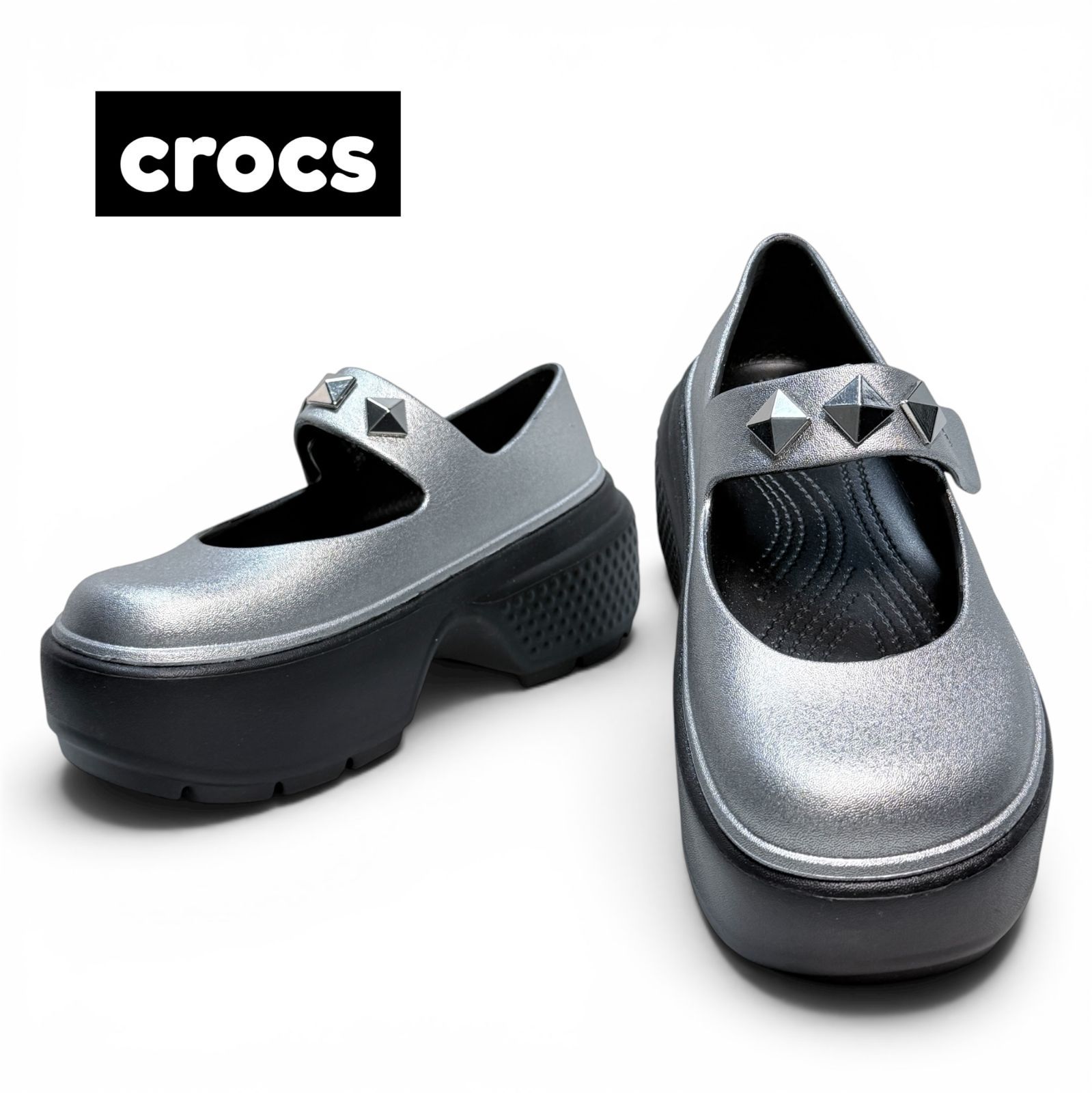 【新品/未使用】crocs ストンプ メリージェーン W7 シルバー 23cm 厚底 スタッズ Y2K