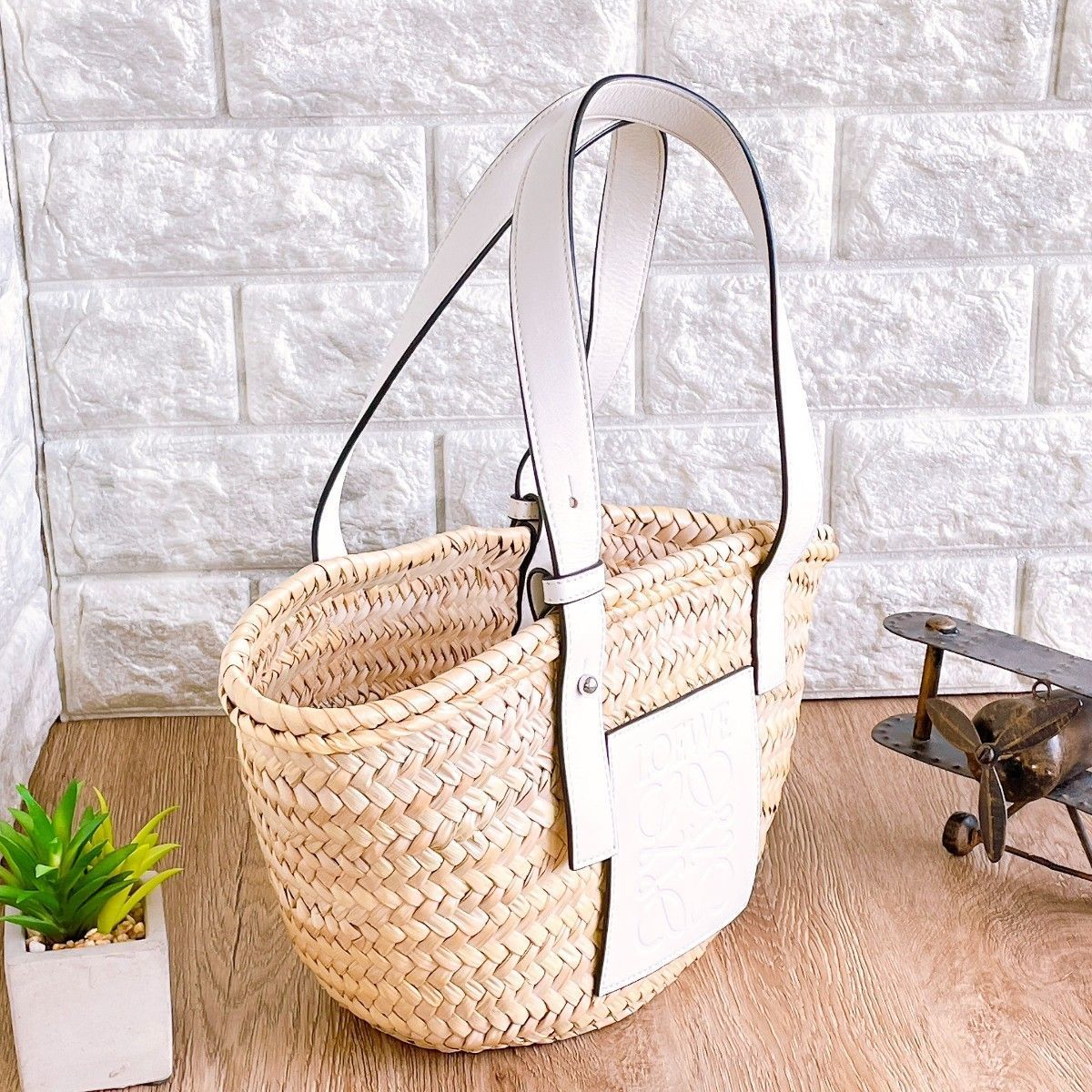 ◇ロエベ◇LOEWE バスケットスモール ラフィア × レザー カゴバッグ 