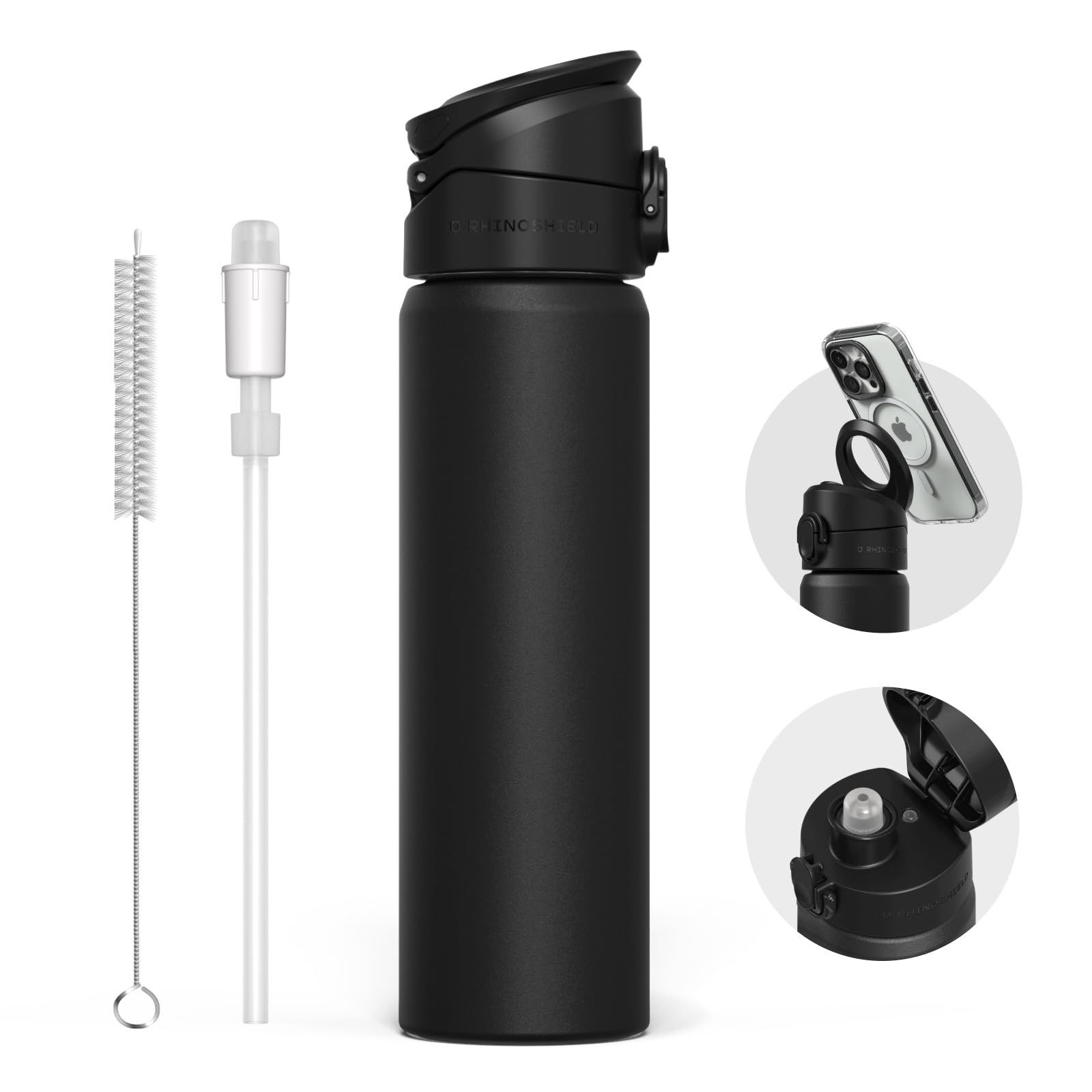 RHINOSHIELD (ライノシールド) AquaStand マグネットボトル 700ml | 保温保冷 ストロー付ステンレス製水筒 ウォーターボトル MagSafe対応ハンドル付 スポーツボトル 角度調節可能な三脚 スマホスタンド 水漏れ防止 - ブラック