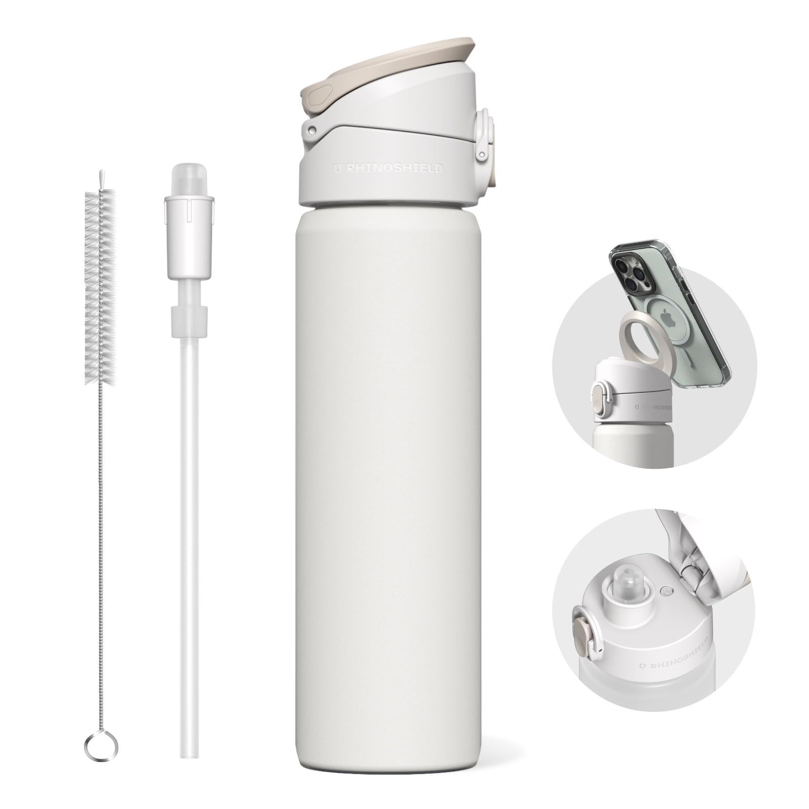 RHINOSHIELD (ライノシールド) AquaStand マグネットボトル 700ml | 保温保冷 ストロー付ステンレス製水筒 ウォーターボトル MagSafe対応ハンドル付 スポーツボトル 角度調節可能な三脚 スマホスタンド 水漏れ防止 - ホワイト