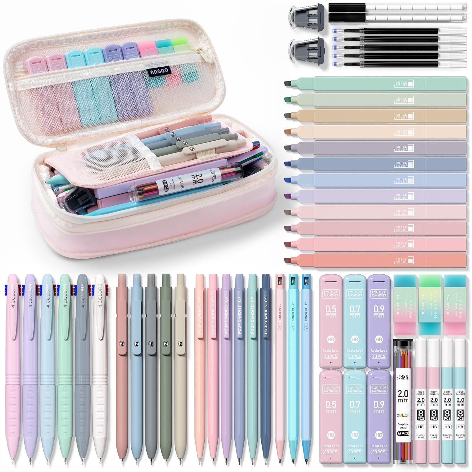 Four Candies 文房具 56点セット 4色ボールペン シャーペン(0.5、0.7、0.9&2.0mm)蛍光 ジェルボールペン ペンケース 詰め替え芯 文具 筆記用具 学用品 文具 入学準備 入学お祝い 女の子 男の子 人気 おしゃれ かわいい プレゼ
