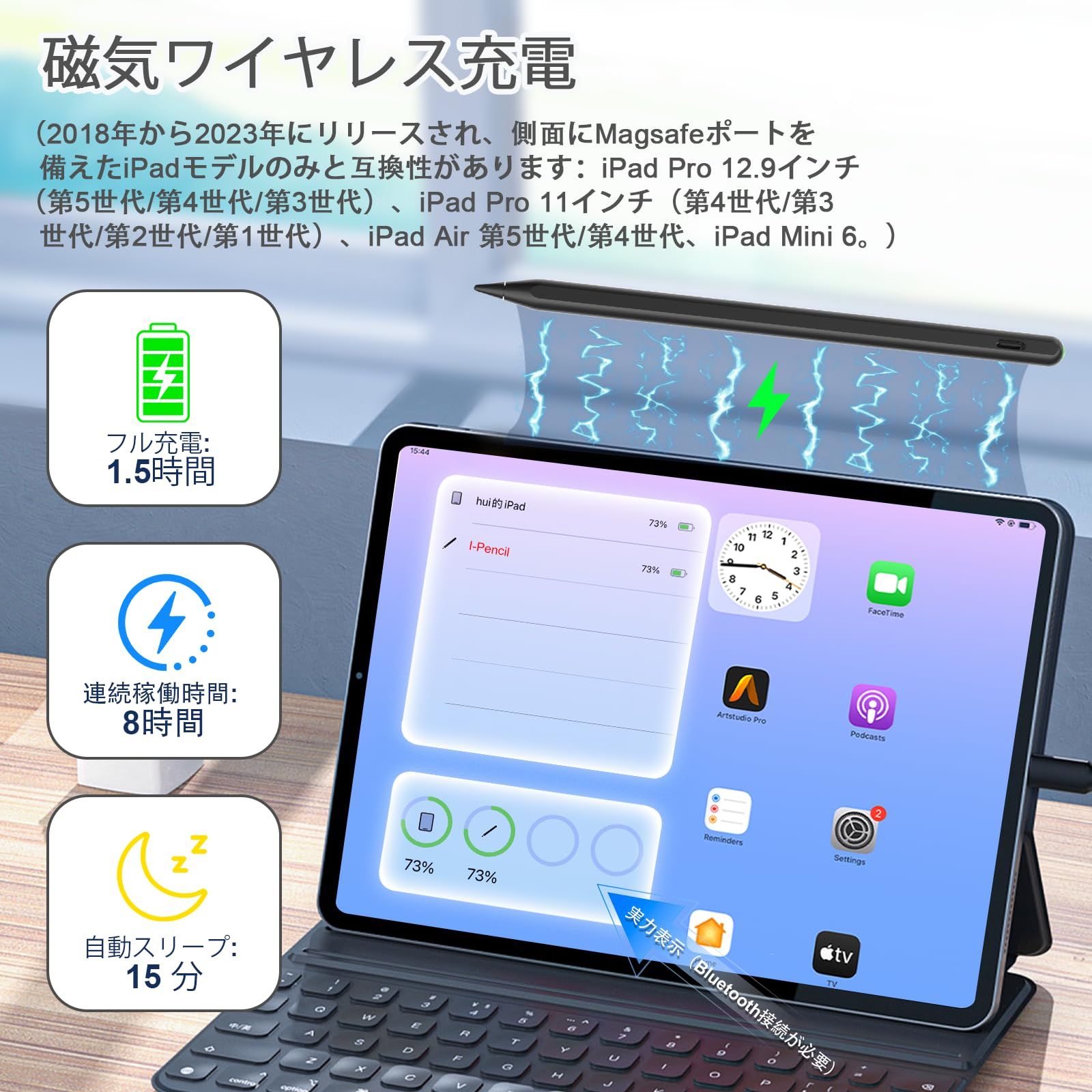 Pencil 第2世代 iPad 2018-2024用 磁気ワイヤレス充電付き Apple iPad 