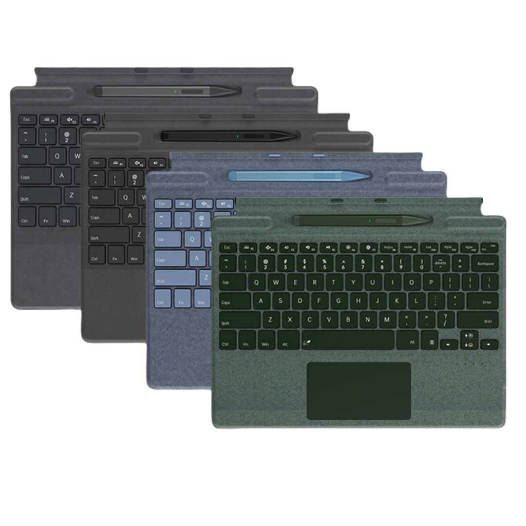 Surface用タッチペン 付き Surface Pro 11/10/9/8/X キーボード＆Surface ペンセット 軽量タイプカバー 磁気吸着式 タッチパッド搭載 七色バックライト付き 薄型 分離式キーボード US英語配列 多角度調整 静音設計 (グリー