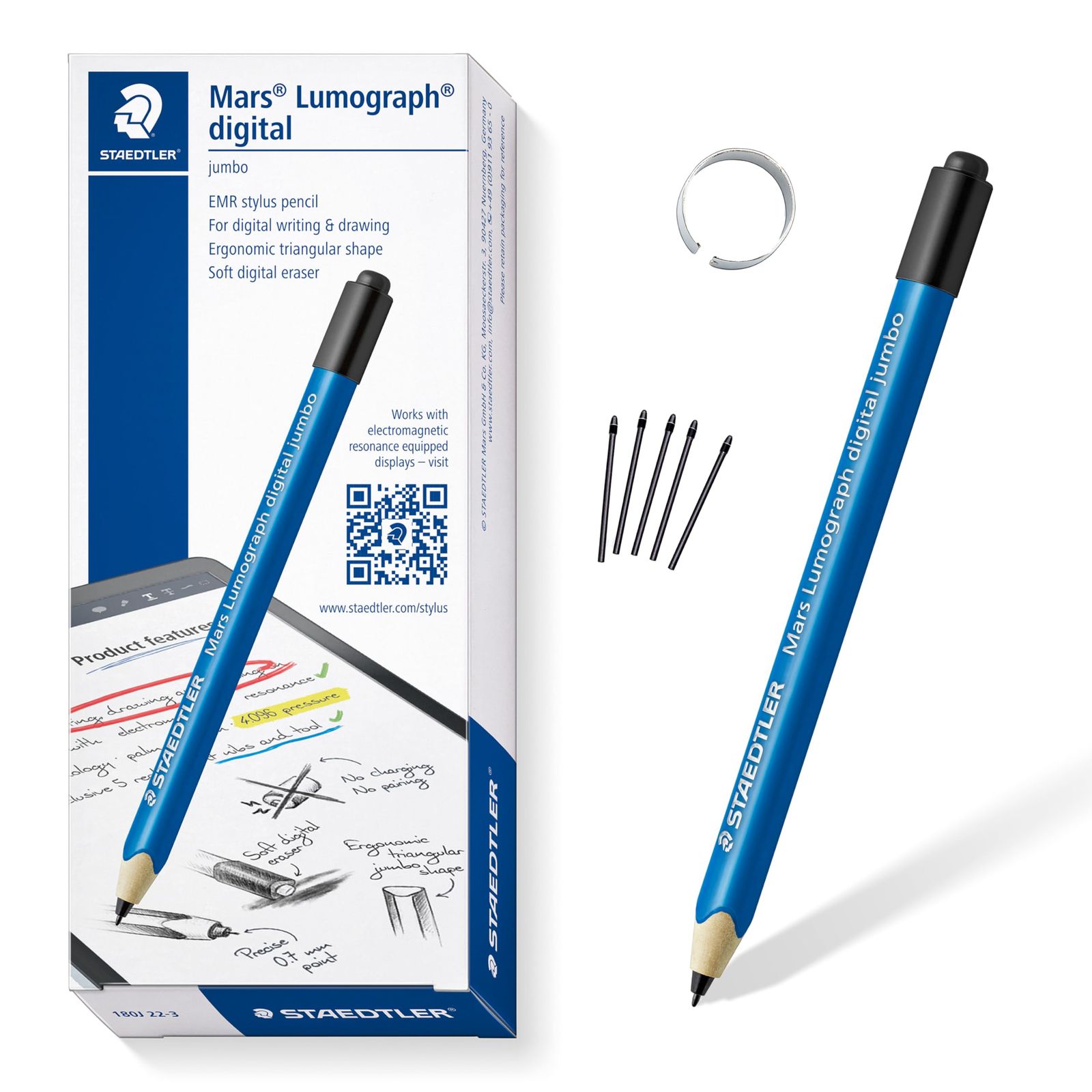 Staedtler Mars Digital Jumbo 180J 22nd EMR Stylus with Soft Digital Eraser. Stylus for Digital Writing, Drawing and Erasing on EMR