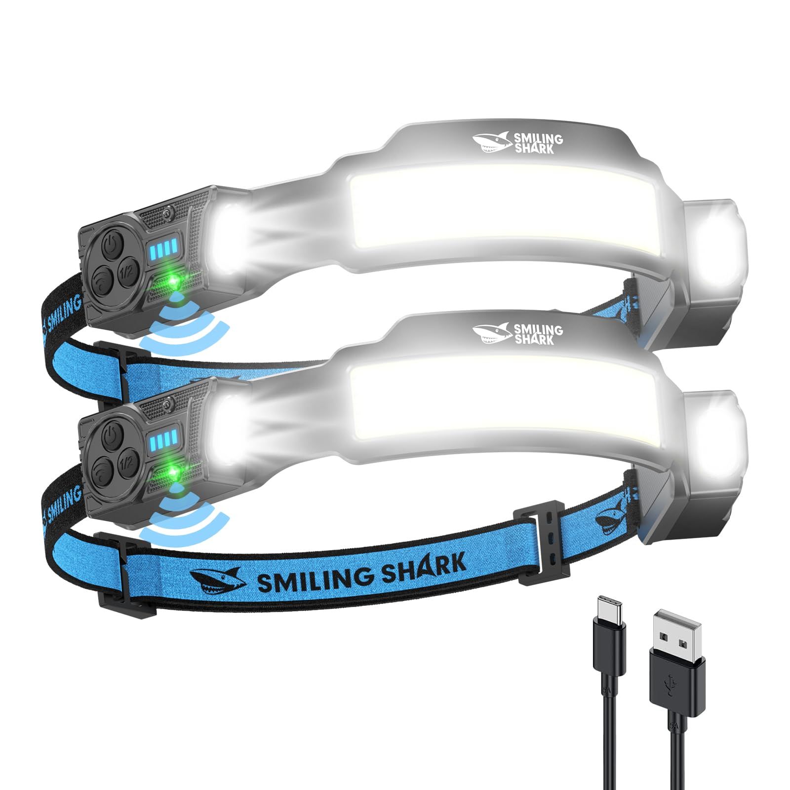 Smiling Shark ヘッドライト TS-4 【新登場・超高輝度COBライト*4・調節な集光ライト】高輝度ヘッドライト Type-C充電式 LEDヘッドランプ 強力 5つ照明モード 点滅 270°広角照明 人感センサー付き 300°角度調整 8時間連続使