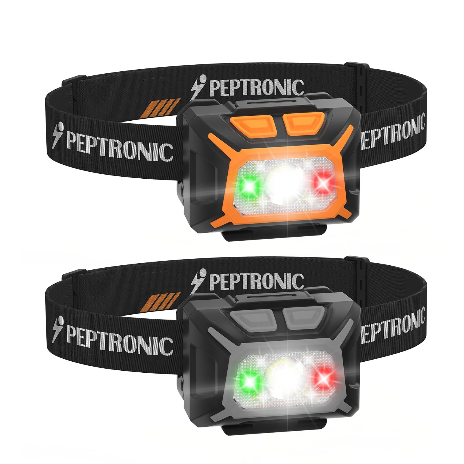 PEPTRONIC ヘッドライト 電池式 350lm高輝度 LEDヘッドランプ 2個セット 白＆赤＆緑ライト SOS点滅 9つ点灯モード ヘルメット ライト【実用点灯4～30時間/ 集光・散光切替で 調光可能/ IPX4防水/ 60°角度調整可能】頭につける