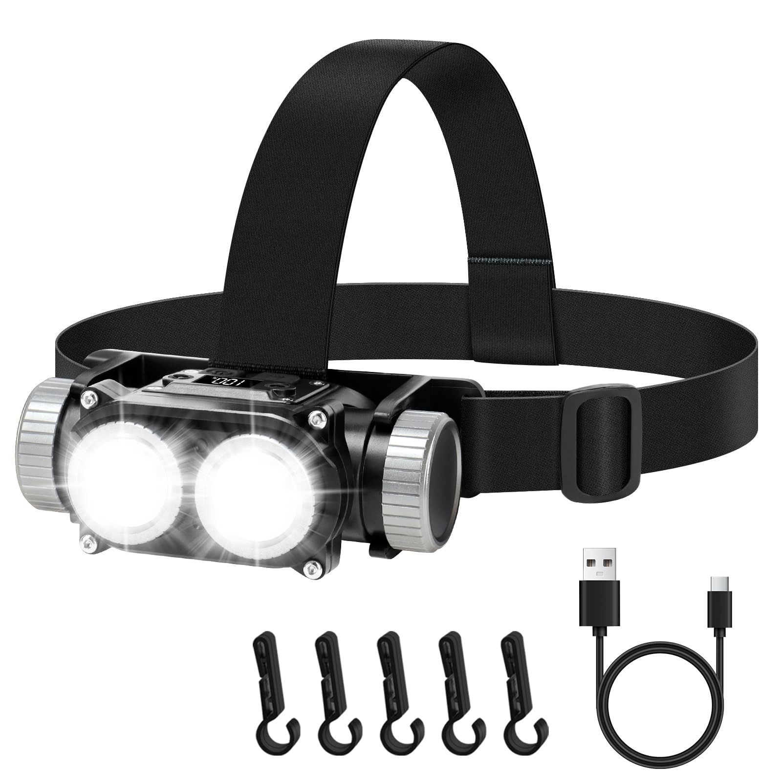 Lefon ヘッドライト 充電式 USB LED ヘッドランプ 4つ点灯モード IP65防水 最大1800ルーメン 高輝度 3000mAh大容量バッテリー 調整可能なヘッドバンド付き 軽量 作業灯 キャンプ 登山 夜釣り アウトドア 防災 停電用