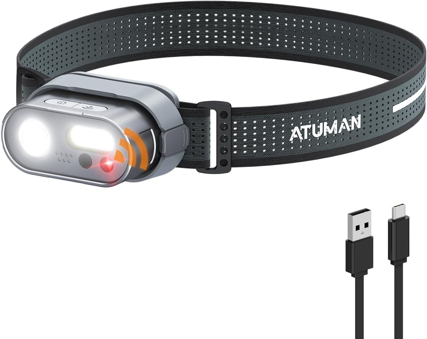 ATUMAN ヘッドライトMH1 【大容量6600mAh充電ケース付き】多機能ヘッドランプ Type-C充電式 取り付け式 800ルーメン 8種点灯モード 赤＆白ライト SOS点滅 75°角度調整可 手振りセンサー付き 8時間連続使用可能 IPX4 防水防塵