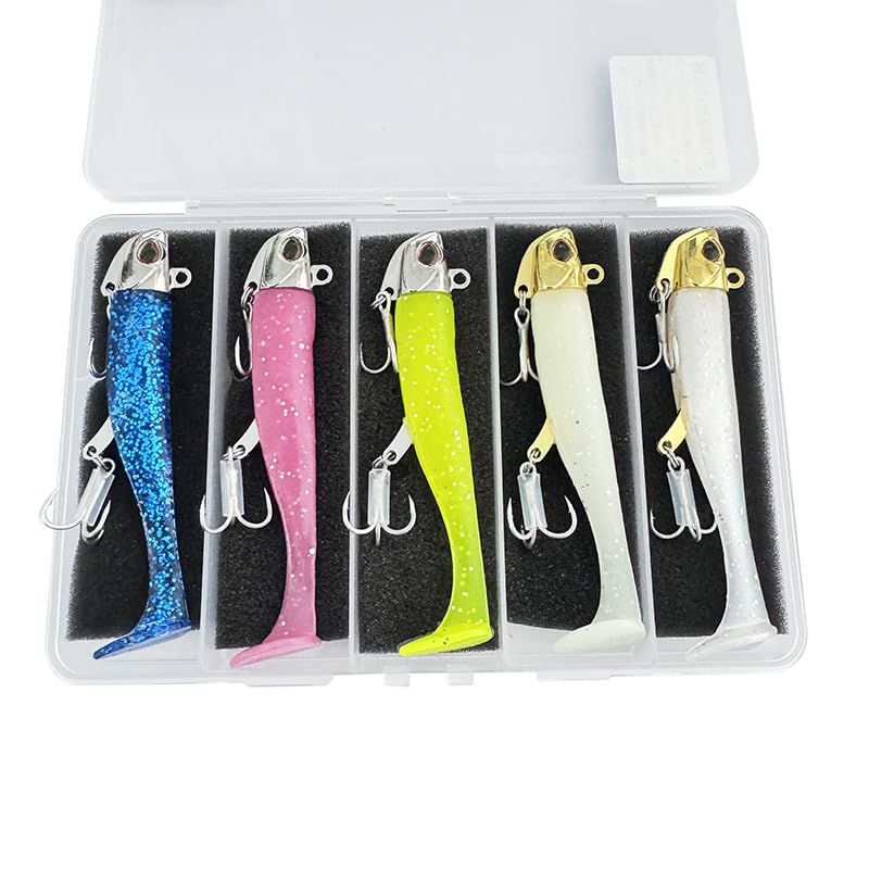 Jig Head Worm Set, 30g, 5 Pcs, Case Included, Night Light, Anti-Rust Hook, Flounder, Seabass, Bluefish, Magochi, Shore Jigging, Sea Fishing, Soft Lures
