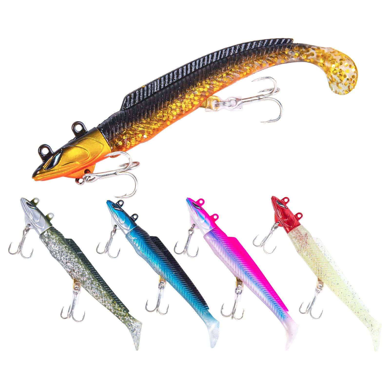 Goture (Gotture) Flounder Set Jig Head with Treble Hook, Worm Soft Lure, Seabass, Flounder, Fish, Green Fish, for Freshwater and Sea Fishing, 18g/21g/28g, Set of 5, 10, 15