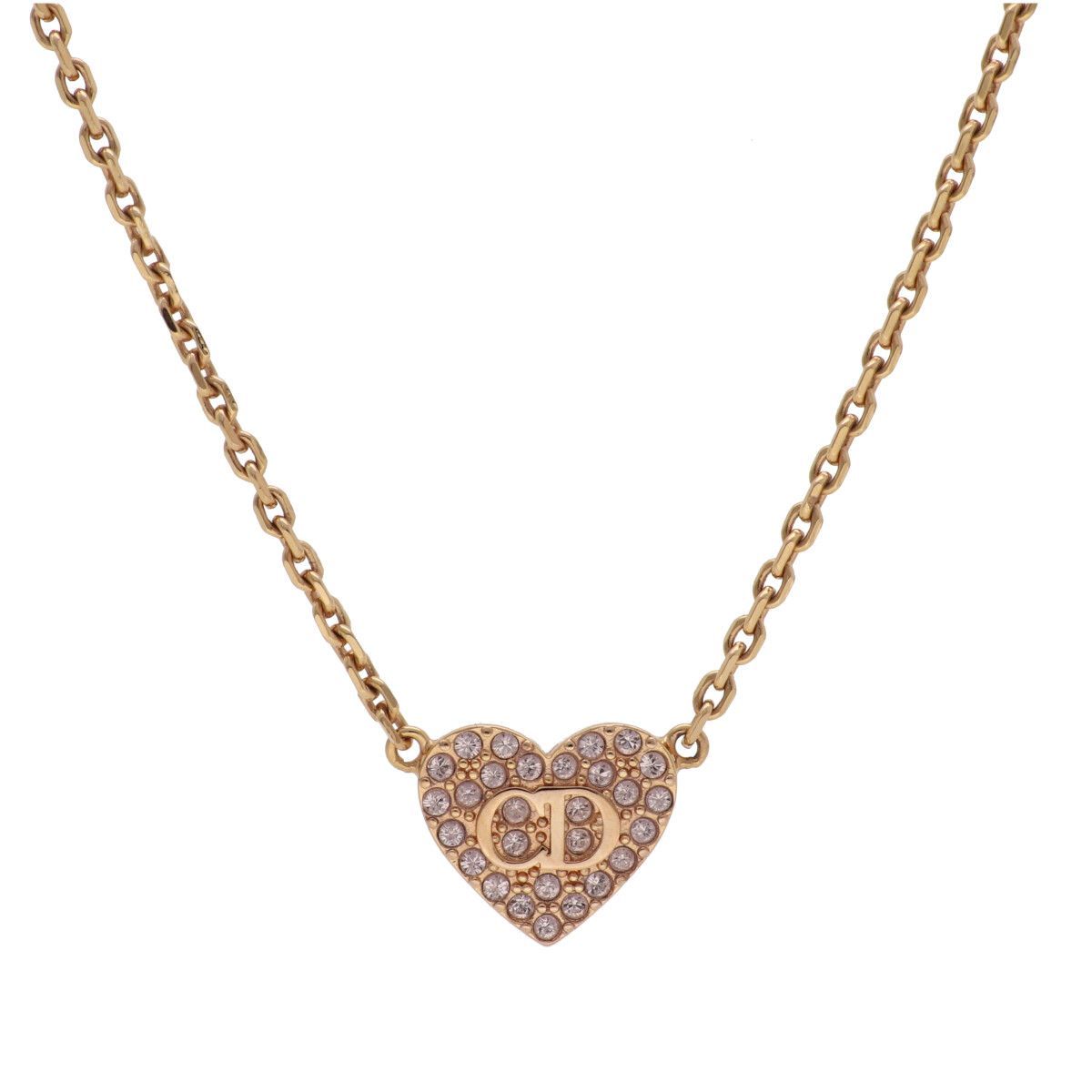 中古】 Dior ディオール ラインストーンロゴ ハートネックレス 