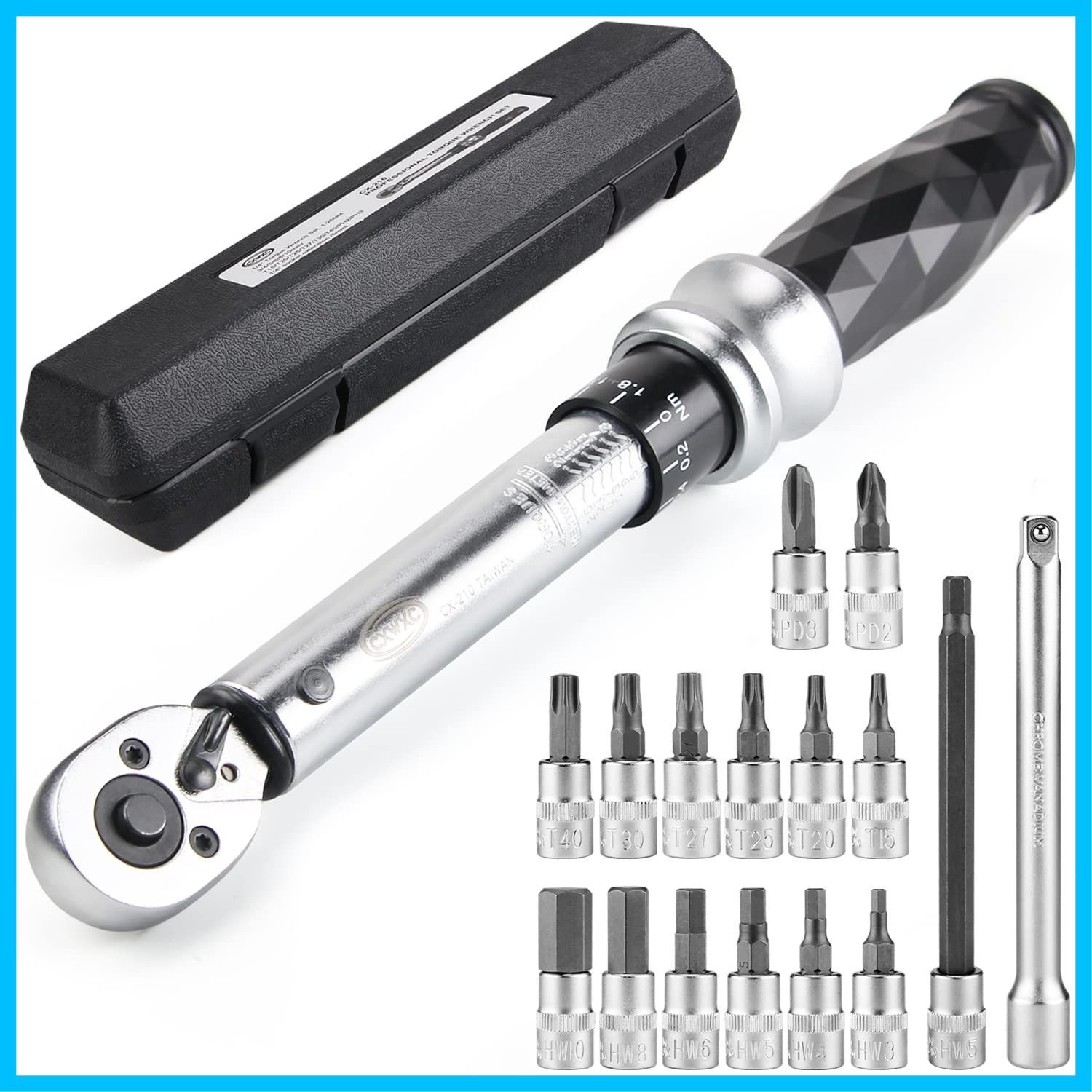 CXWXC 自転車用 トルクレンチセット 差込角6.35mm（1/4インチ） 1～25N.m ビット15個 延長アダプタ付 ロックリングタイプ ロードバイク プレセット型（CX-210）
