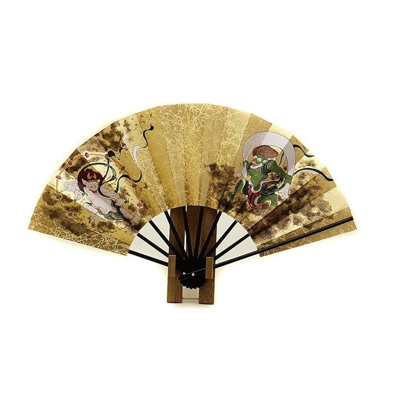 【新品】 京扇子 飾り扇子 風神雷神 日本製 9寸 京都 両面 扇子立て付 箱入 職人 手作り 和柄 玄関飾り インテリア 和風 正月飾り 表裏柄違い 縦27×開いた時の横幅49cm 0