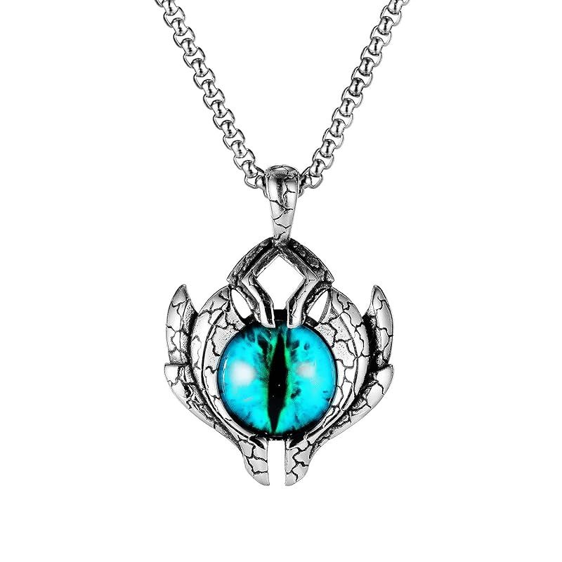 [Brand New] Rockyu Necklaces, Men's Silver Brand, Stainless Steel, Cool Blue, Devil's Eye Necklaces, Pendant, Stylish Male Necklaces, Hip-hop Style Fashion Accessories
