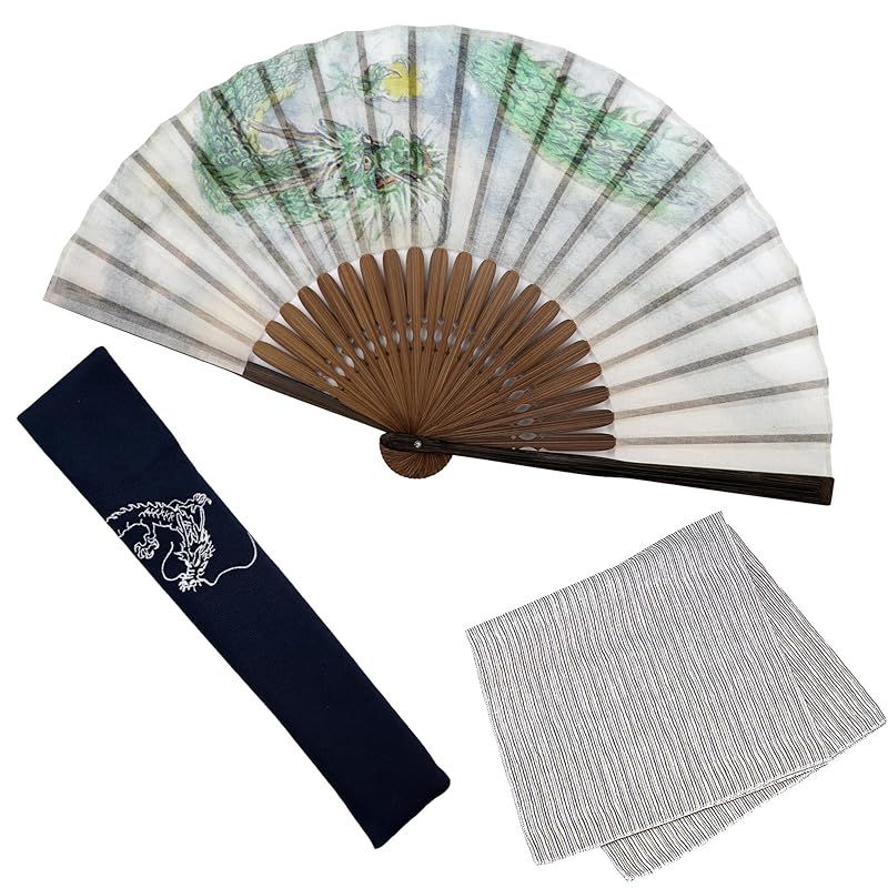 【新品】 [大阪 長生堂] 扇子 メンズ 男性 おしゃれ ビジネス 扇子袋 扇子入れ ハンカチ付セット 龍雲 (緑龍) 0