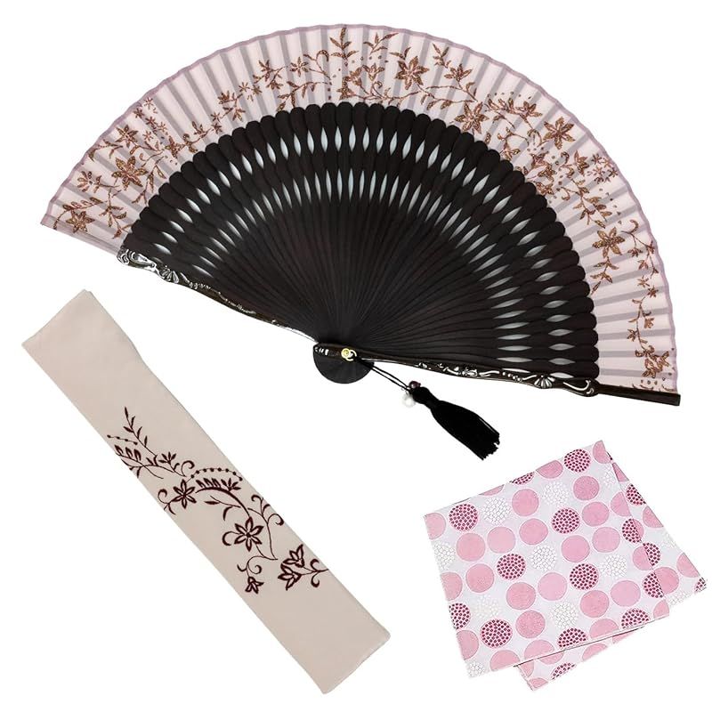 【新品】 [大阪 長生堂] 扇子 レディース 女性 おしゃれ ビジネス 扇子袋 扇子入れ ハンカチ付セット ロマネスク (ピンク) 0