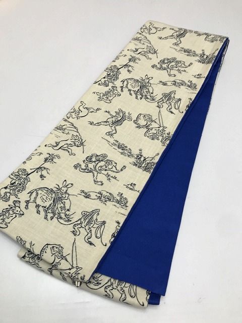 新品 半幅帯 綿 白地に鳥獣戯画模様【福服特製】
