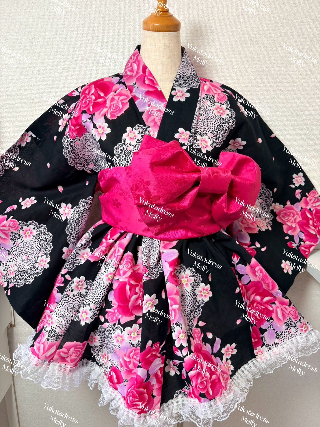 ギャル浴衣ドレス♡黒×ピンクレース ?