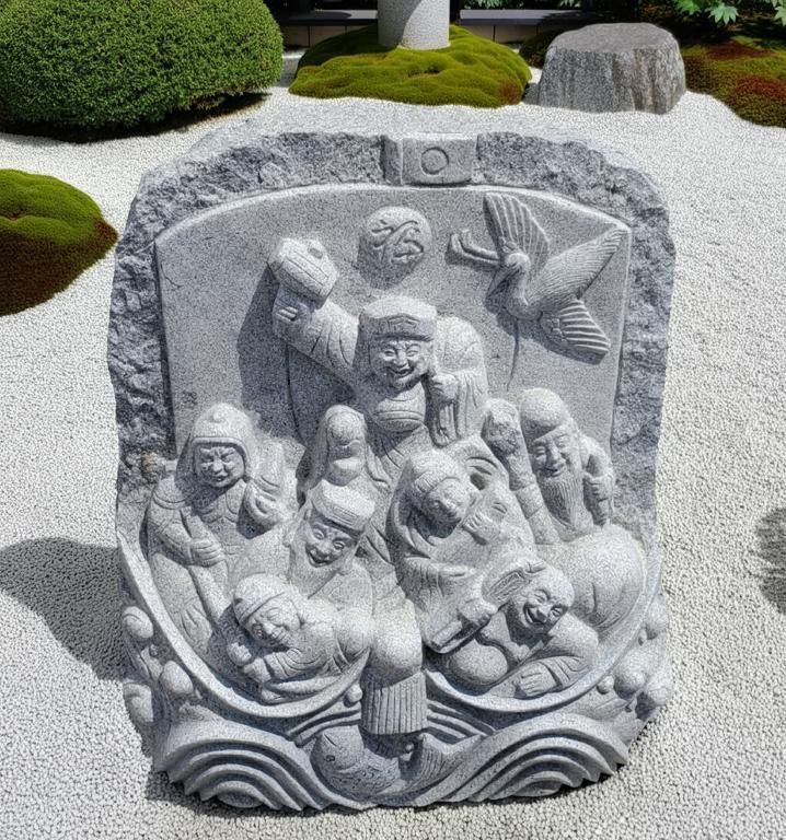 【一点物の石彫り】【引取り限定】【配送要相談】 縁起の良い七福神屏風【BIGサイズ】高さ約90cm 【七福神】【 石地蔵】【 石のお地蔵様】