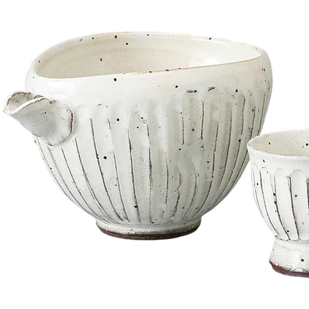 エールネット(Ale-net) 酒器セット 徳利 おちょこ セット 径14.2×10.2×高8.2cm 280ml 粉引面取片口冷酒器セット 陶器 美濃焼 熱燗 燗瓶 冷酒 ???本酒