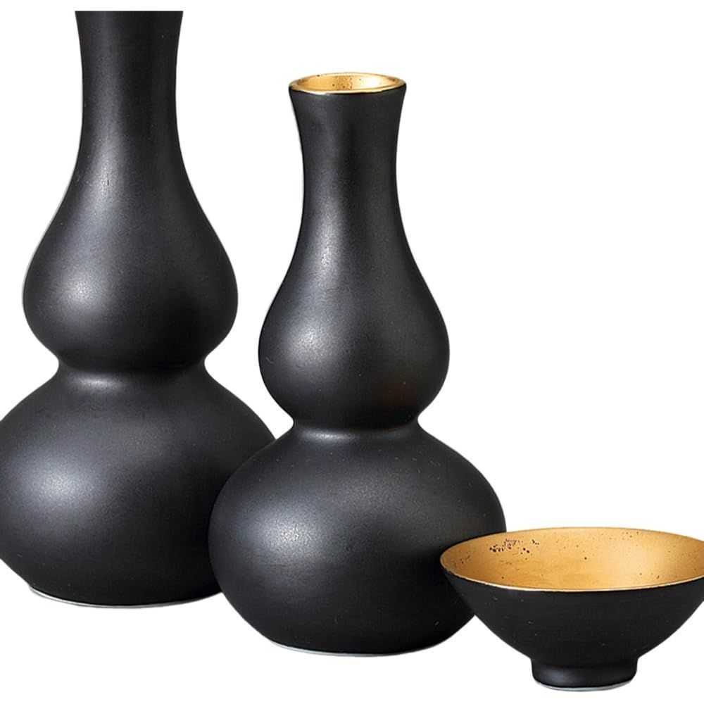 エールネット(Ale-net) 酒器セット 徳利 おちょこ セット 8.5×H16.5cm 約260cc 黒釉口金大徳利 徳利&ぐい呑(2個)セット 陶器 美濃焼