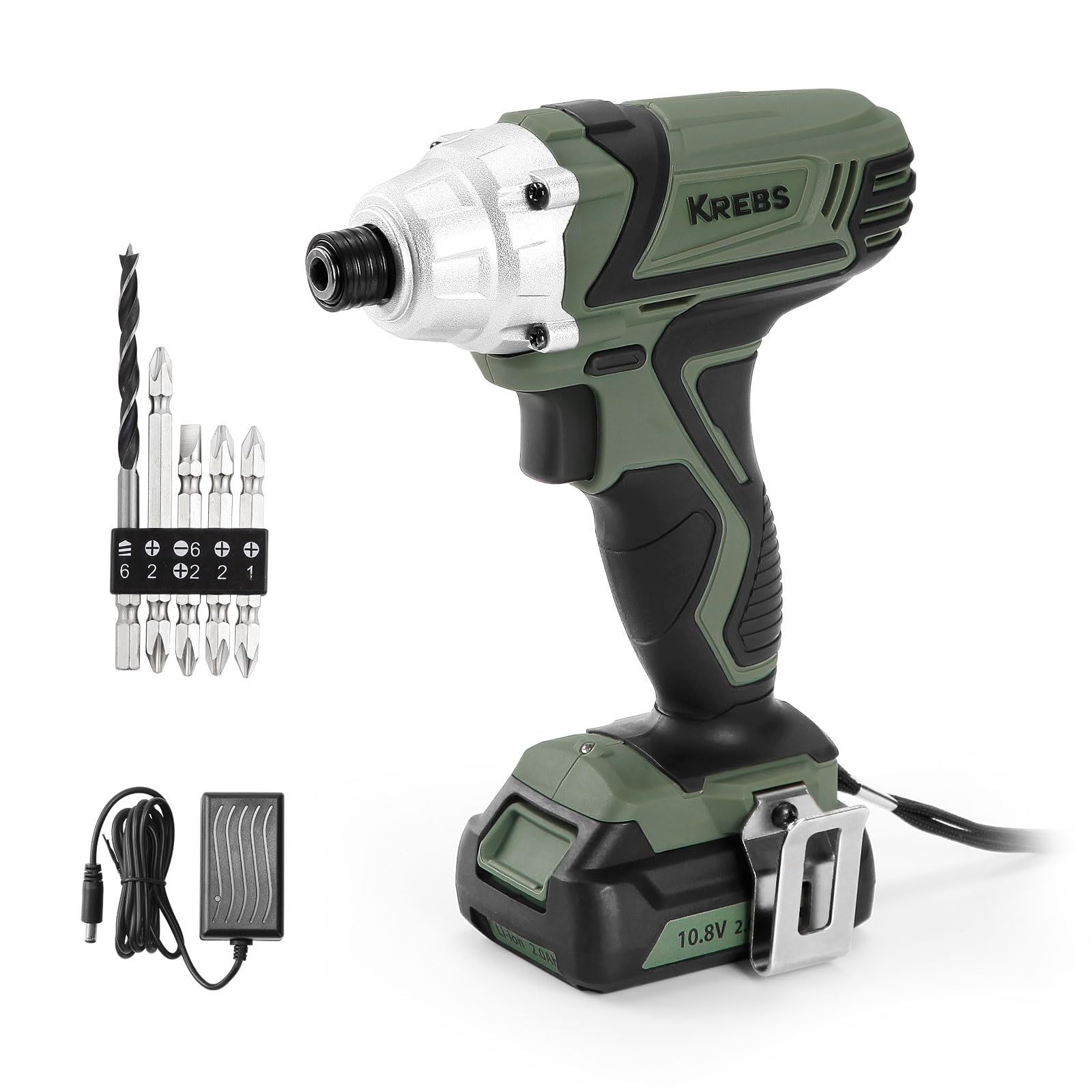KREBS(クレブス) インパクトドライバー10.8V 充電式 小型 軽量約1.1kg 2000mAh バッテリー&充電器付 LEDライト付 細握り 最大トルク120N?m ビット5本付 初心者対応 家具組立て 家庭用 DIY向け【10.8V共通バッテリーシリ
