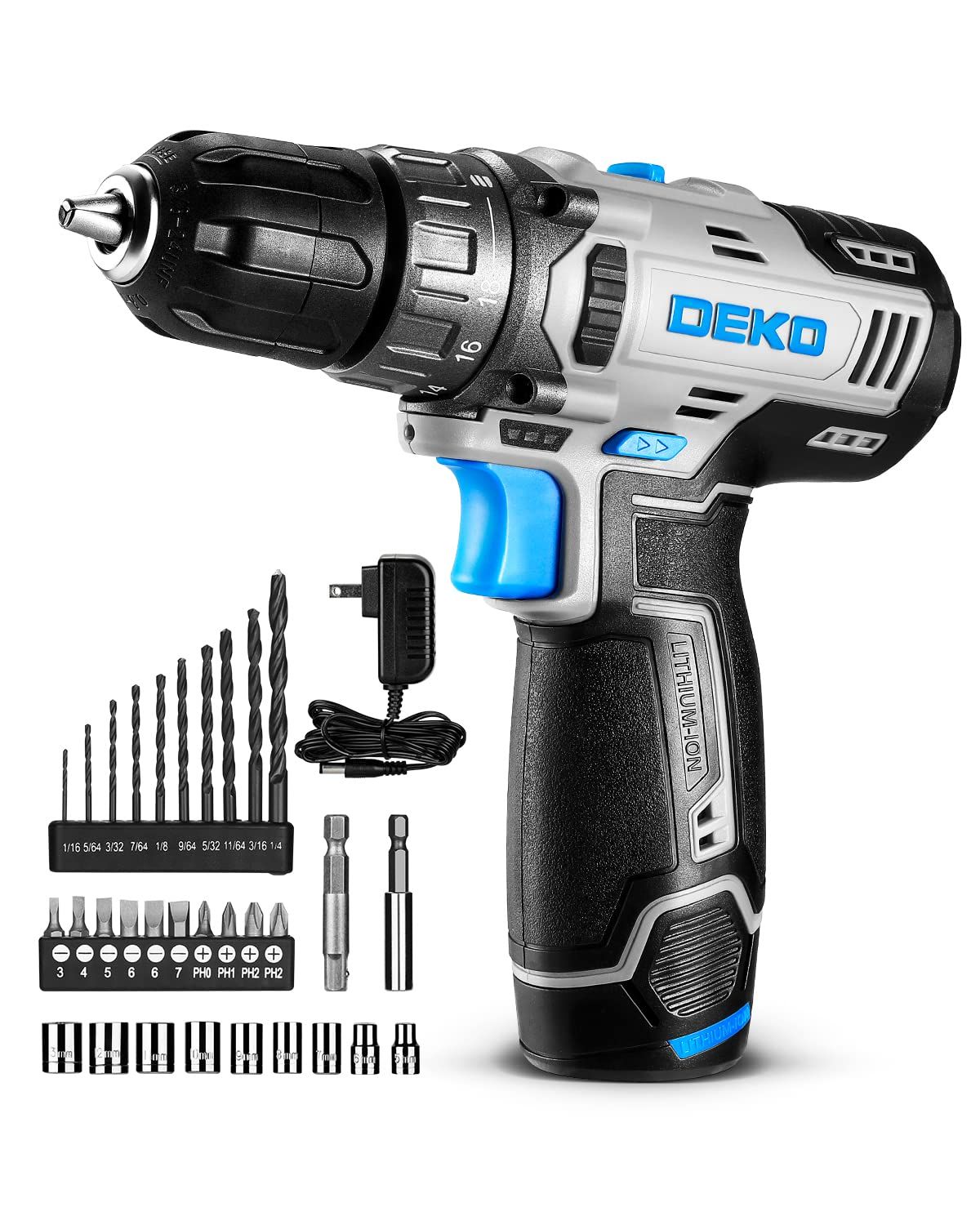 DEKO 電動ドリル 12V コードレスドリルドライバー 無断変速 正逆切替 最大28N・m 18+1段階トルク調整 二段変速 LED照明 電動穴あけ・ネジ締付工具 29点の付属品付き