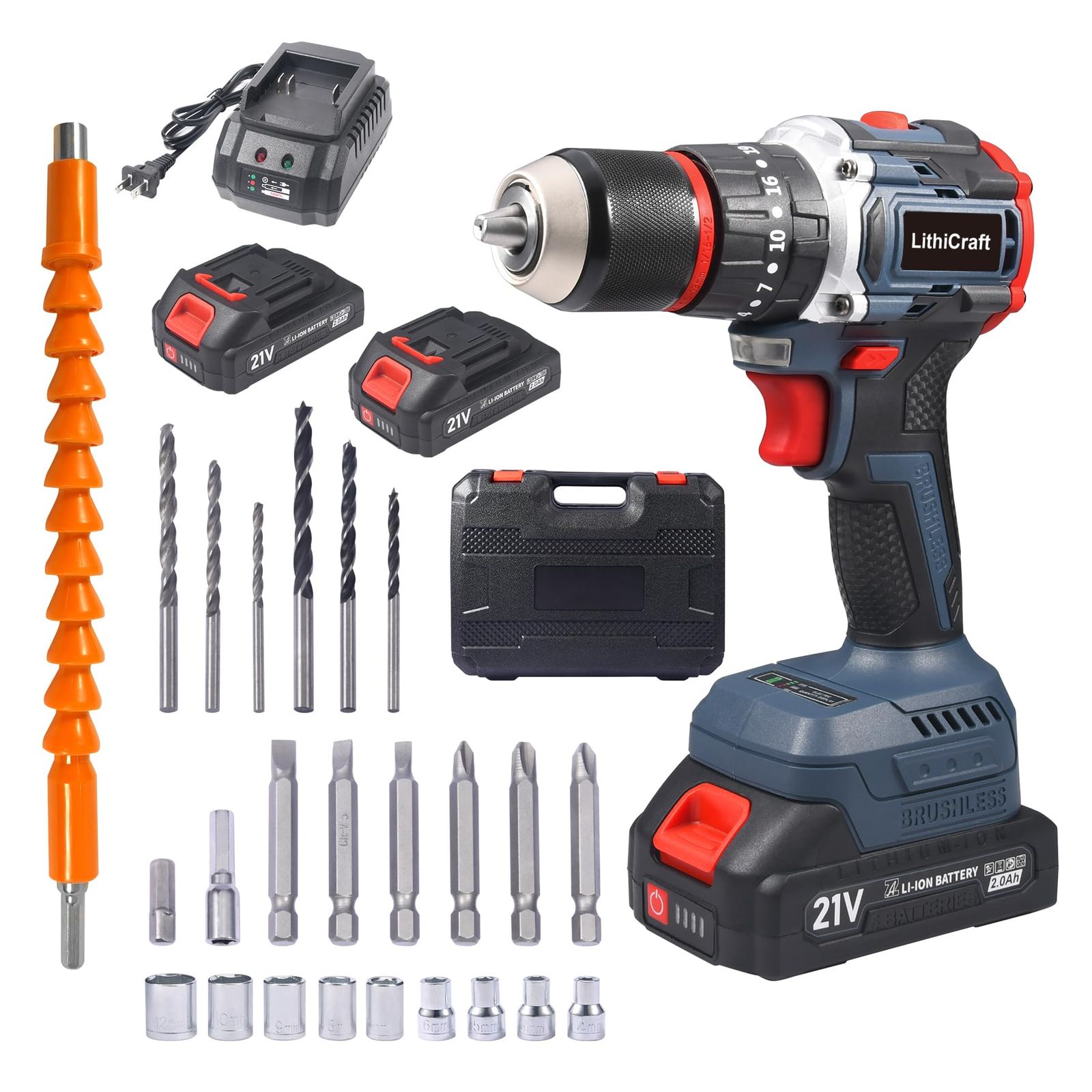 LithiCraft 21V ブラシレス電動ドリルセット55N・m高トルク 13mmチャック3-in-1インパクトドライバー/ドライバー2000mAhバッテリー×2＆1.5時間急速充電35+3段階速度調節24点金属工具箱付属