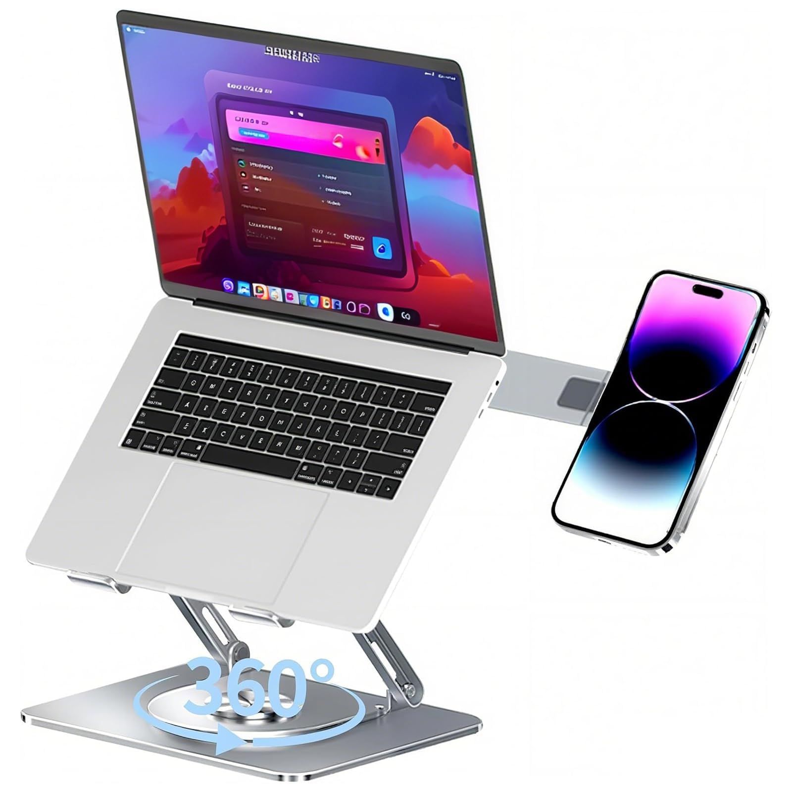AIZYZYO ノートパソコンスタンド PC スタンド 360 度回転 磁気吸着スマホホルダー付き 17.3 インチ迄対応 耐荷重 15kg 角度調整可能 冷却穴付き 滑り止め 縦置き対応 タブレットスタンド デスク用 安定性重視 シルバー