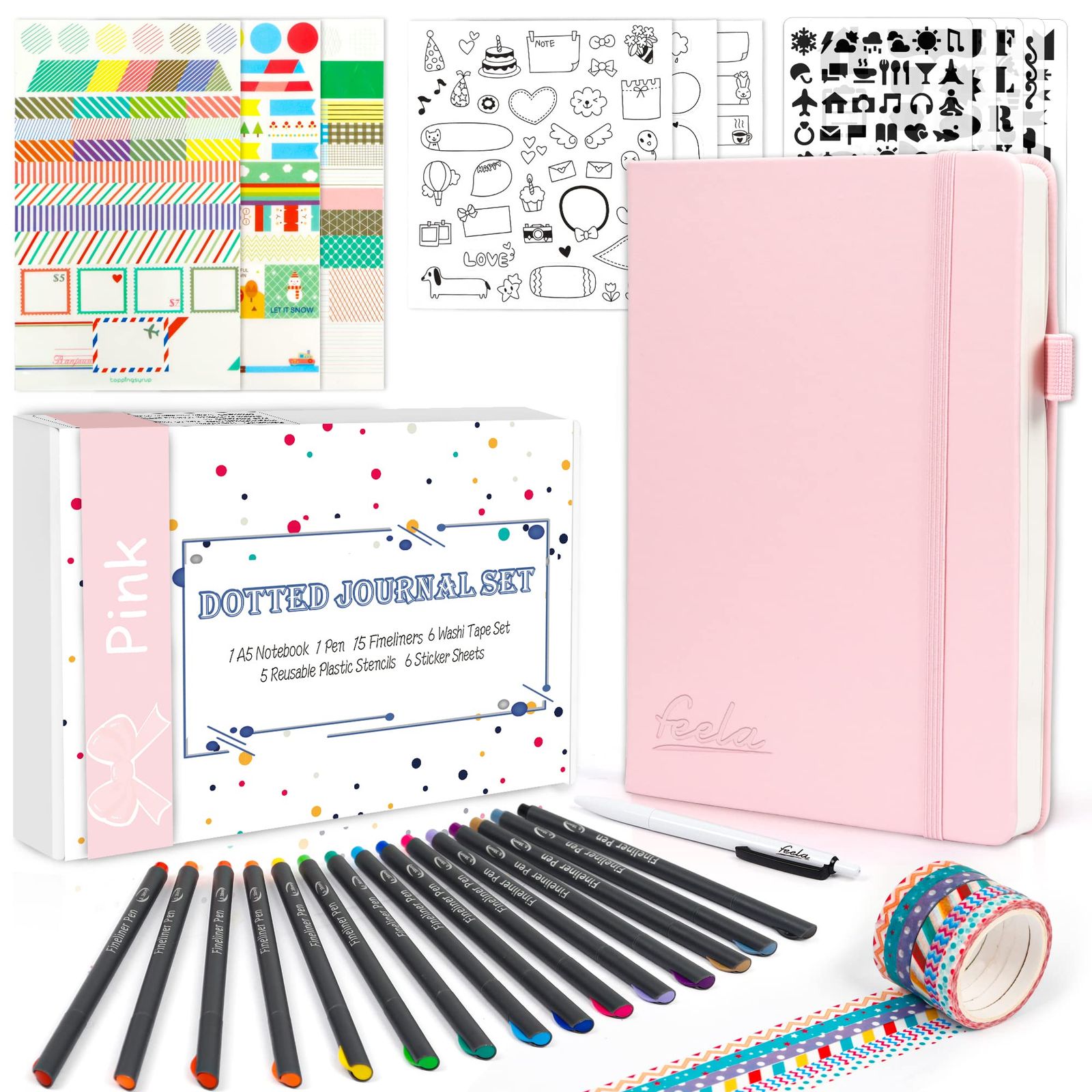 Feela バレットジャーナル ノート 合皮 A5サイズ ドット方眼 ペン付属(ピンク)