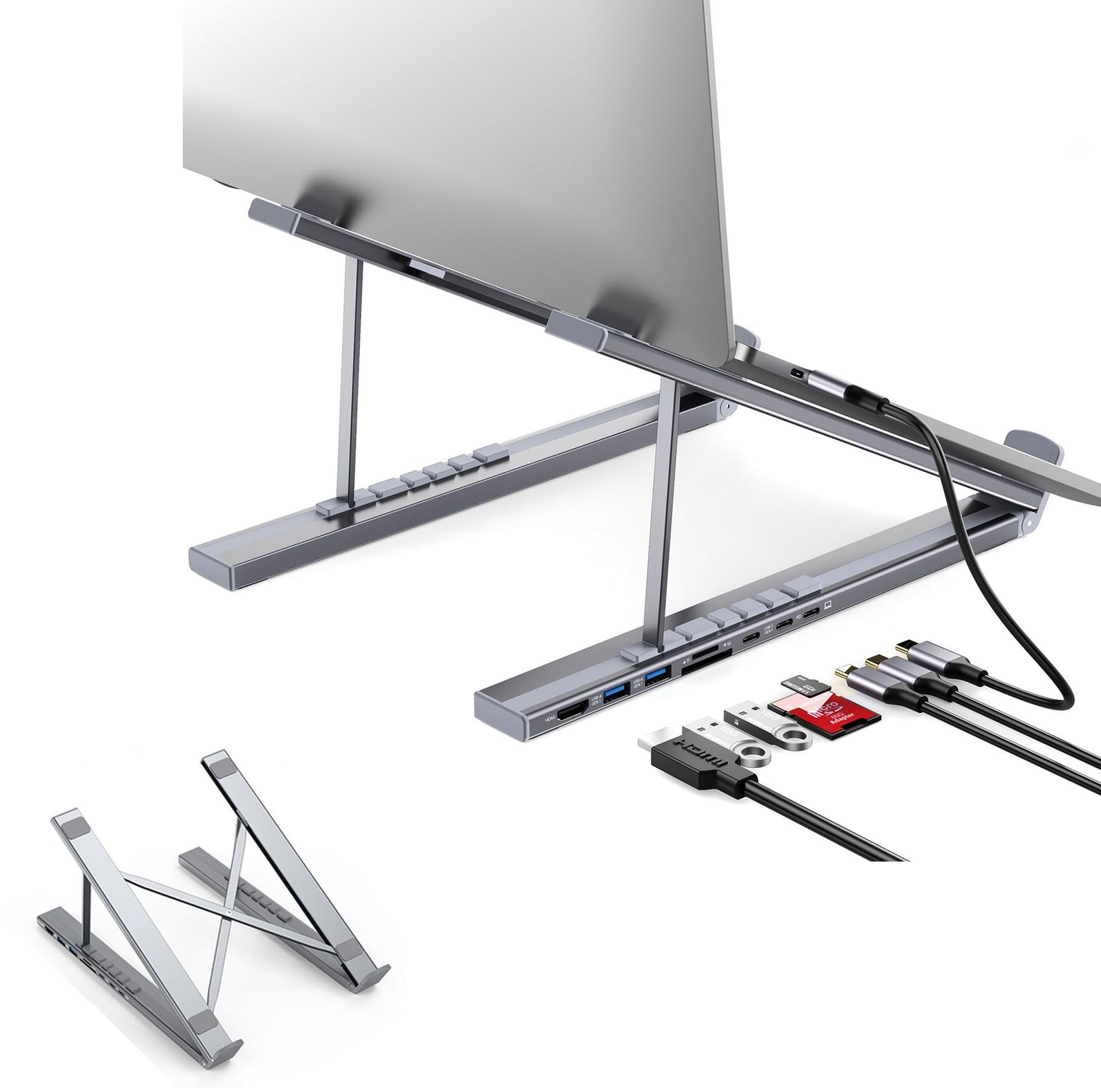 SHEAWA ノートパソコンスタンド USB-Cハブ付き 8IN1 100W PD急速充電 アルミ 4K@30Hz HDMI USB-A 3.0ポート USB-C 折り畳み式 ノートPCスタンド タブレットスタンド ホルダー 頑丈 10~17インチのノートパソ