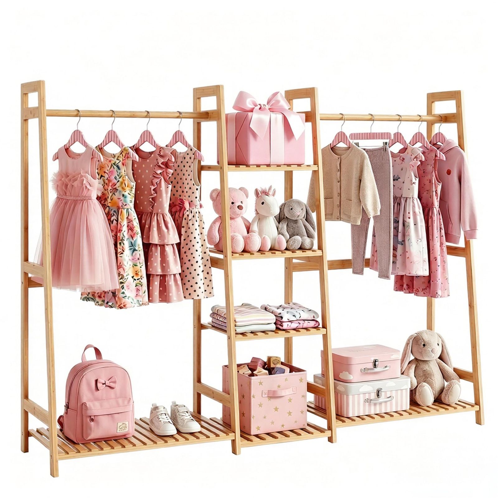 ハンガーラック キッズ 子供用 多段式 衣類収納 低め 竹製 かわいい 収納力 ハンガーラック キッズ 子供用 多段式 衣類収納 低め 竹製 かわいい
