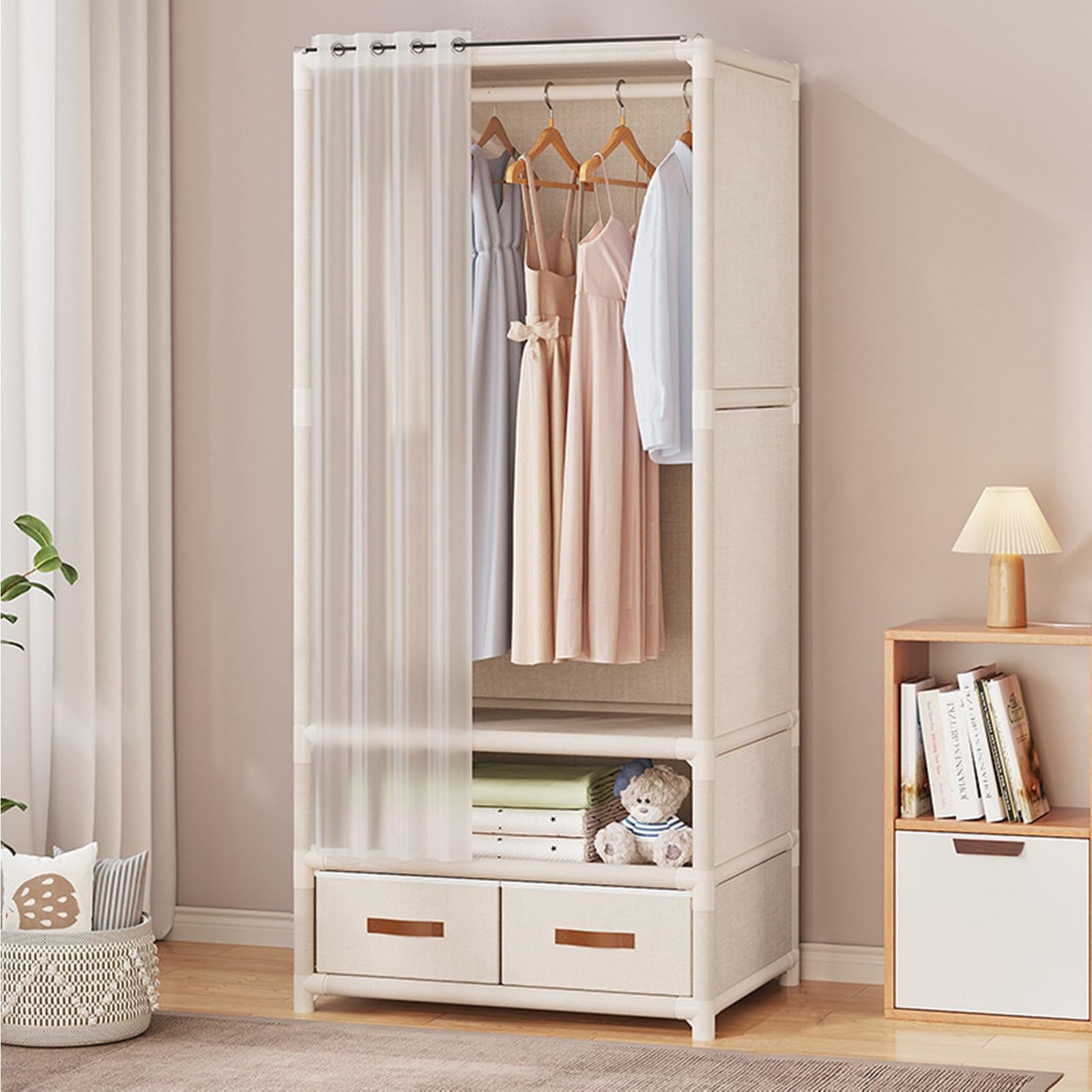 Vellichor ワードローブ 大容量 簡易クローゼット 組み立て式 ハンガーラック 布製収納棚 洋服収納 防塵 防汚 収納ボックス対応 クローゼット カバー付き 省スペース 多層構造 1列棚 ホワイト