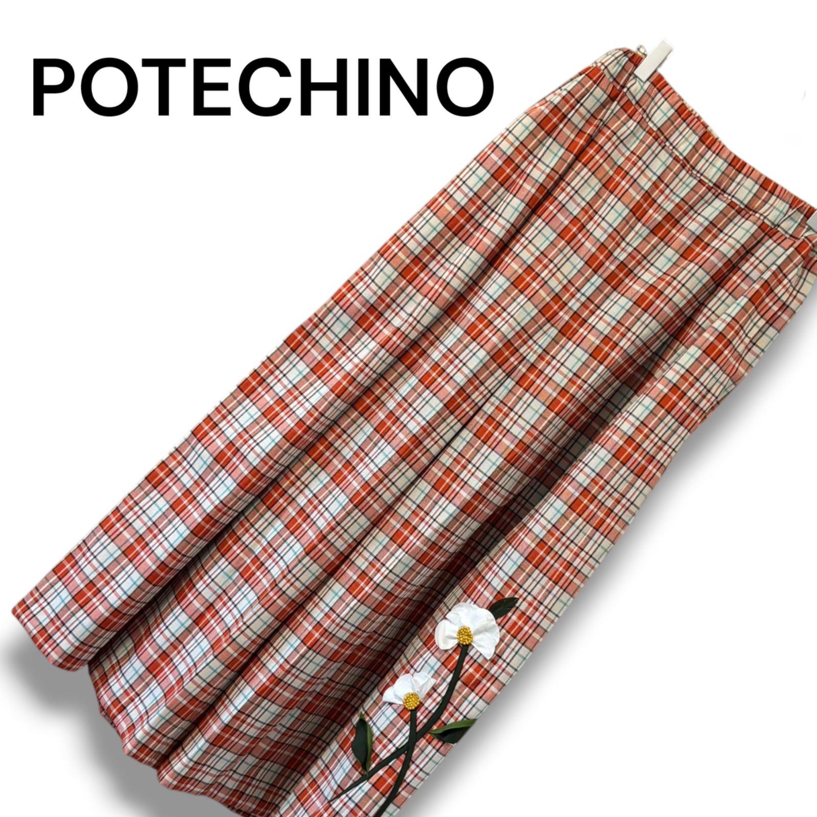 POTECHINO ポテチーノ オレンジ チェック柄 レディース パンツ カジュアルパンツ ワイドパンツ ガウチョパンツ キュロット フレアパンツ 花【Lサイズ相当】0000030TNK