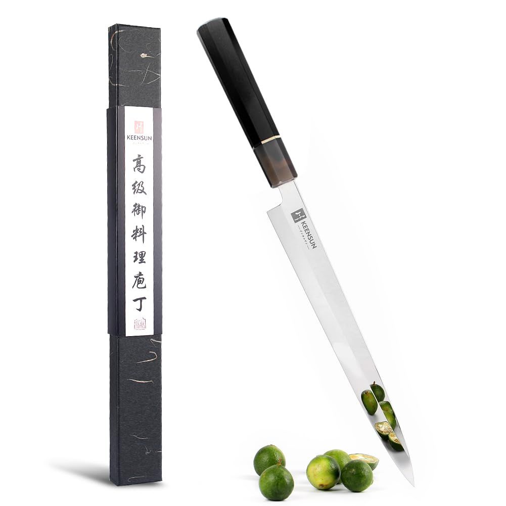 KEENSUN 包丁 鏡面先丸包丁 刃渡り270mm ステンレス鋼 鏡面刺身包丁 鏡面柳刃包丁 鏡面先丸蛸引き包丁 片刃 八角型ハンドル素材は黒檀と水牛角