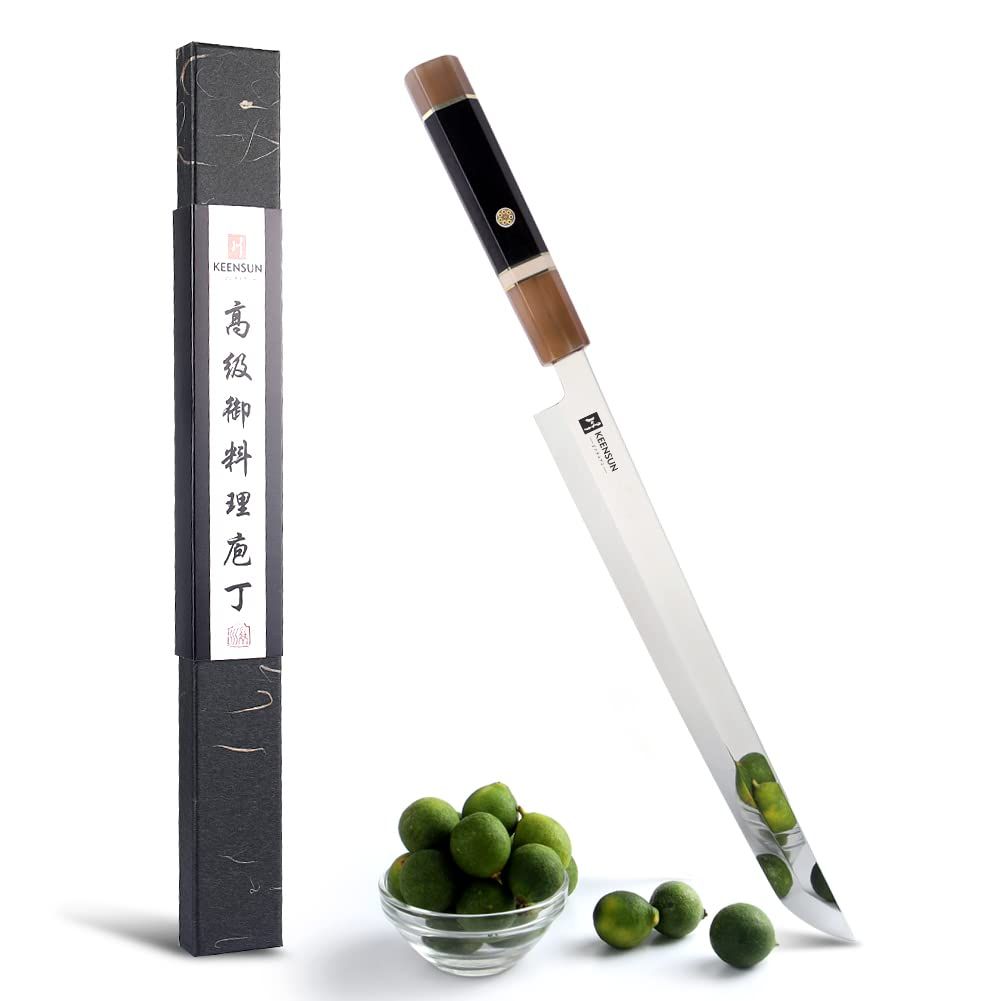 KEENSUN 鏡面先丸包丁 刃渡り270mm ステンレス鋼 鏡面刺身柳刃包丁 鏡面先丸蛸引き 片刃 八角型ハンドル素材は黒檀樹脂と水牛角