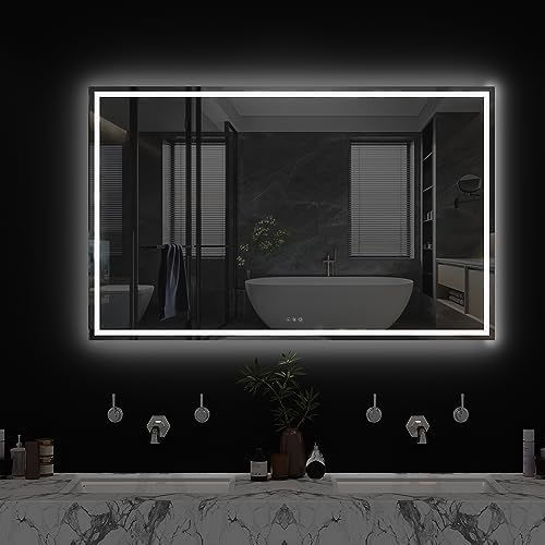 Sunrosa ミラー 鏡 LED 壁掛け スチールミラー/強化ガラス 女優ミラー 洗面台 浴室くもり止め鏡 おしゃれ 三色調光＆記憶機能 曇り止め 防湿 明るさ調節可能 美容室/バスルーム/リビングルーム/寝室に適用 (102*92cm)