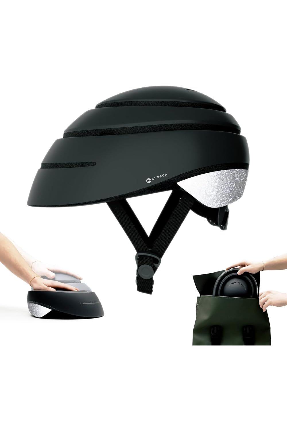 CLOSCA LOOP REFLECTIVE 自転車 ヘルメット 大人 折りたたみ 持ち運び 軽量 男女兼用 おしゃれ [日本語説明書付] (ブラック／リフレクティブシルバー,L)