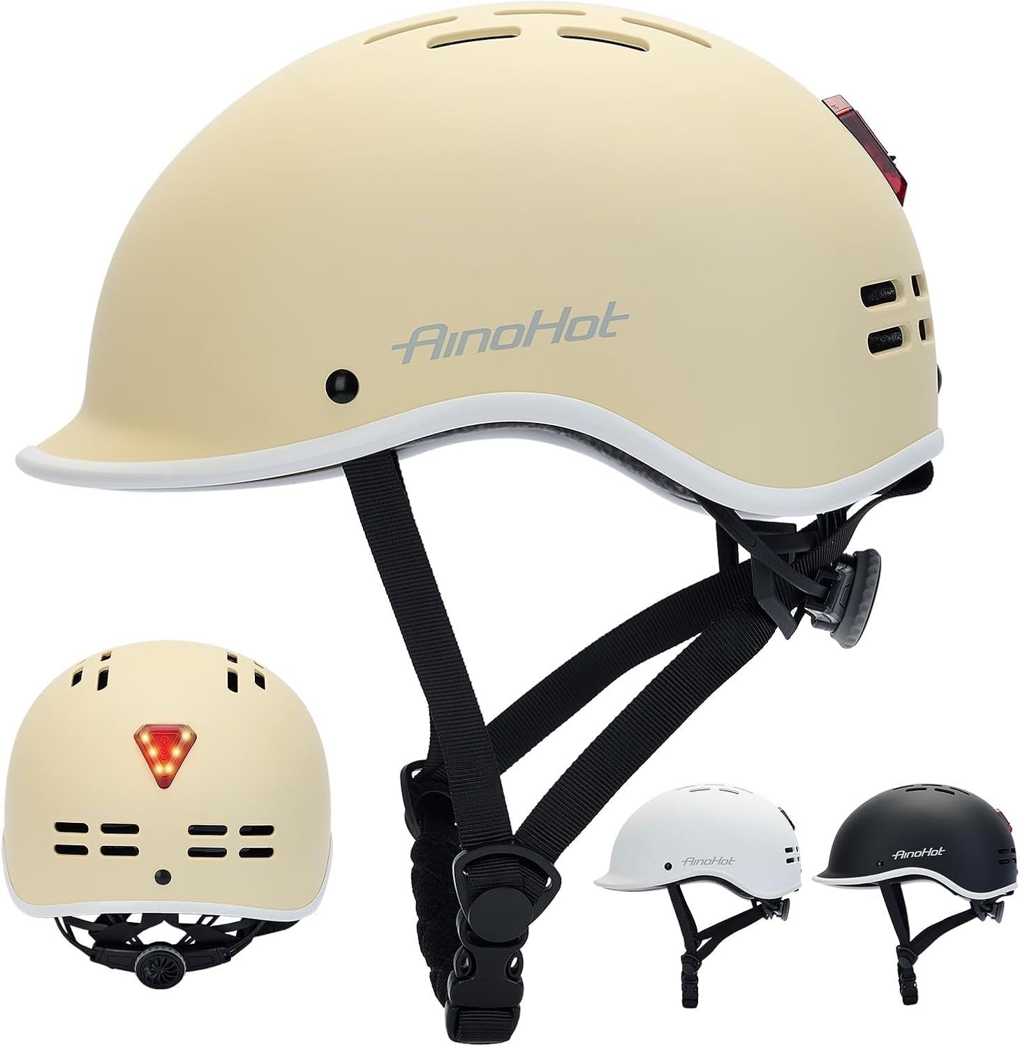 自転車ヘルメット 大人用 LEDライト内蔵 58-62cm 18個エアホール 軽量 耐衝撃 高剛性 アジャスト機能 アゴパッド サンバイザー付き 男女兼用 CE認証 スポーツ ロードバイク用 (ベージュ, L)